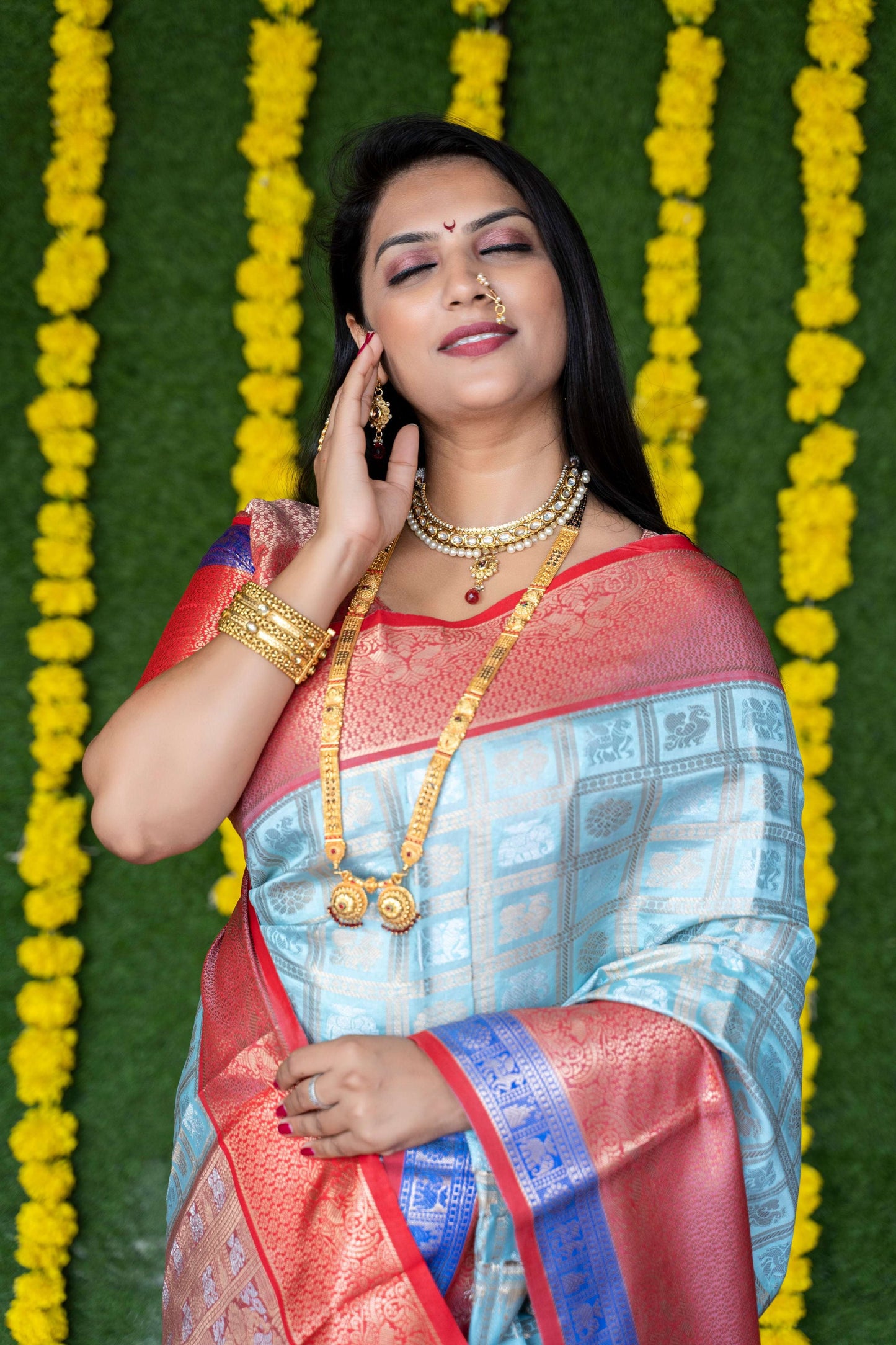 Jyoti Fashion Women's Sky Blue Kanchipuram Silk Zari Woven Saree with Blouse | Swadesiicart
