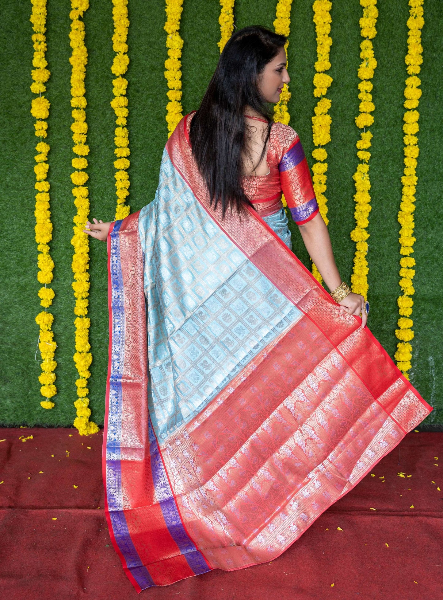 Jyoti Fashion Women's Sky Blue Kanchipuram Silk Zari Woven Saree with Blouse | Swadesiicart