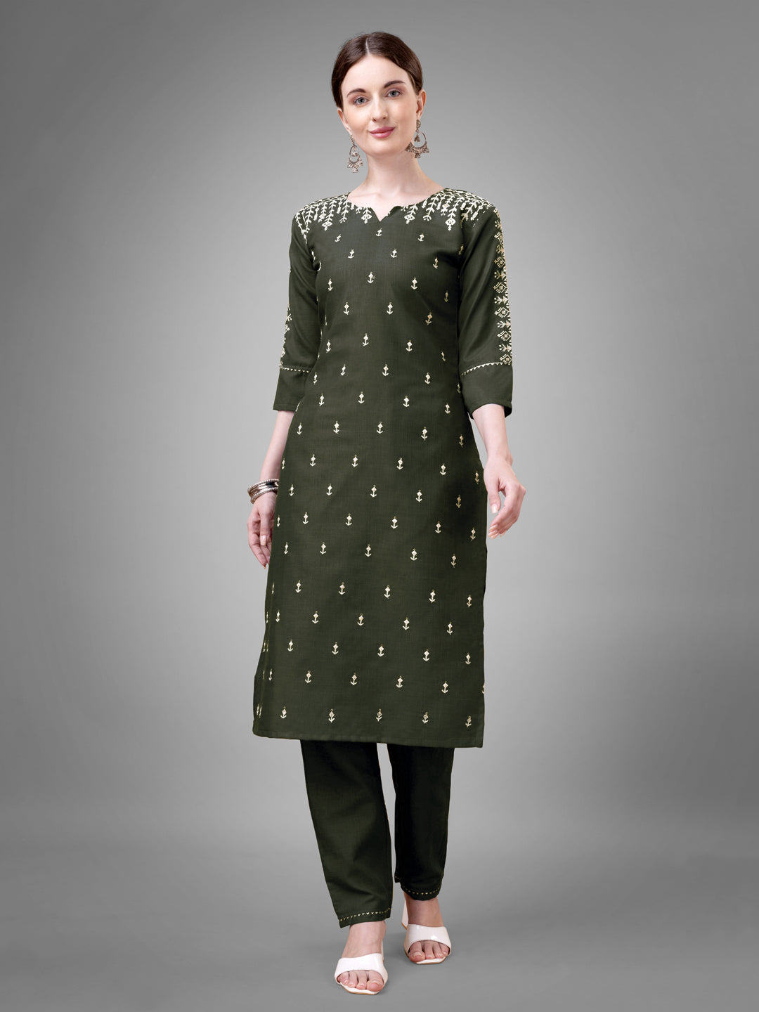 Jyoti Fashion Women's Dark Green Cotton Blend Sequins with Embroidered Kurta Set | Swadesiicart