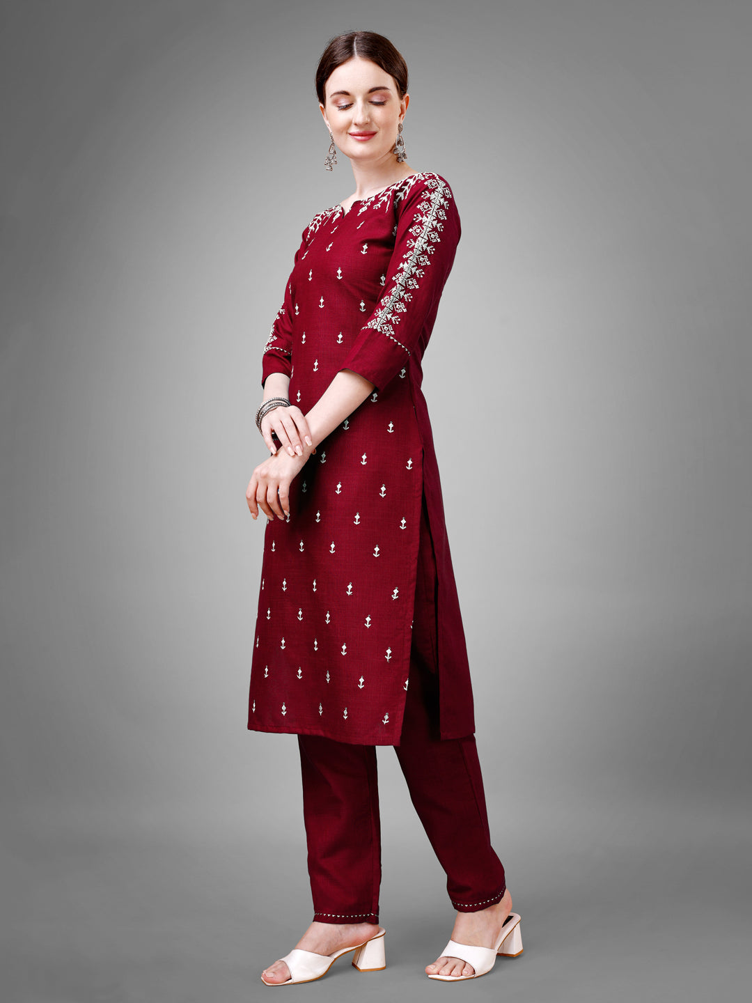 Jyoti Fashion Women's Maroon Cotton Blend Sequins with Embroidered Kurta Set | Swadesiicart