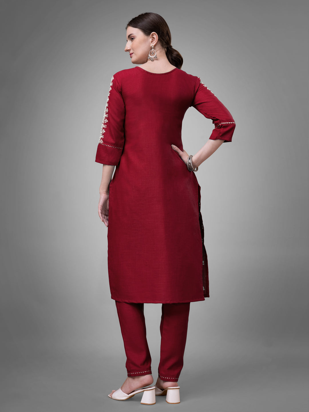 Jyoti Fashion Women's Maroon Cotton Blend Sequins with Embroidered Kurta Set | Swadesiicart