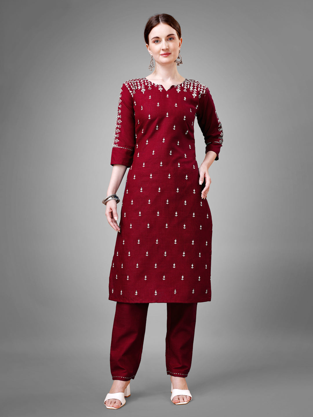Jyoti Fashion Women's Maroon Cotton Blend Sequins with Embroidered Kurta Set | Swadesiicart