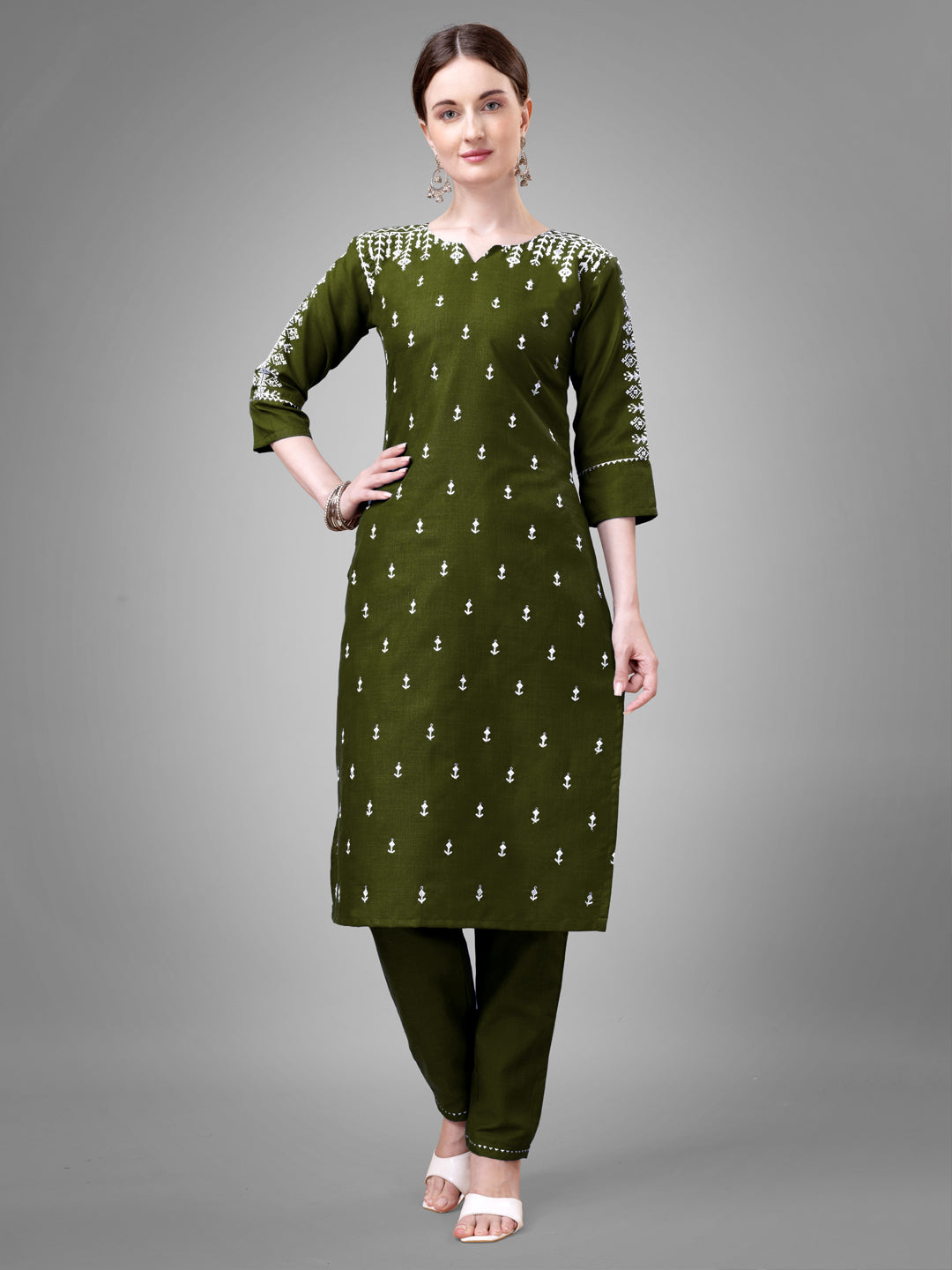 Jyoti Fashion Women's Mehendi Cotton Blend Sequins with Embroidered Kurta Set | Swadesiicart