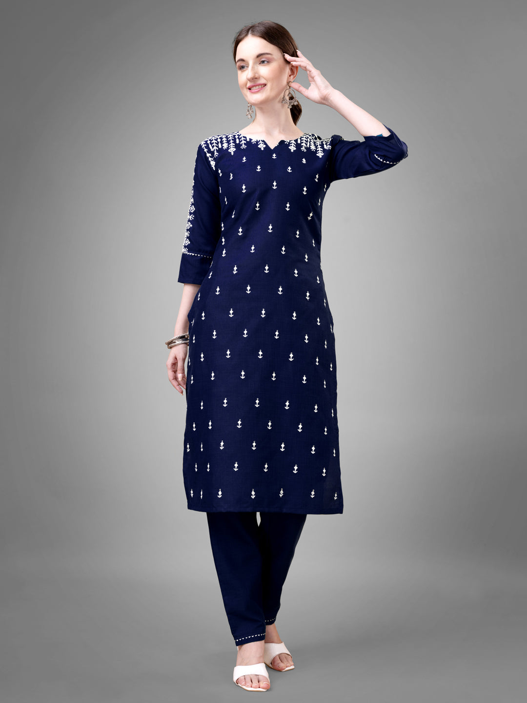 Jyoti Fashion Women's Navy Blue Cotton Blend Sequins with Embroidered Kurta Set | Swadesiicart