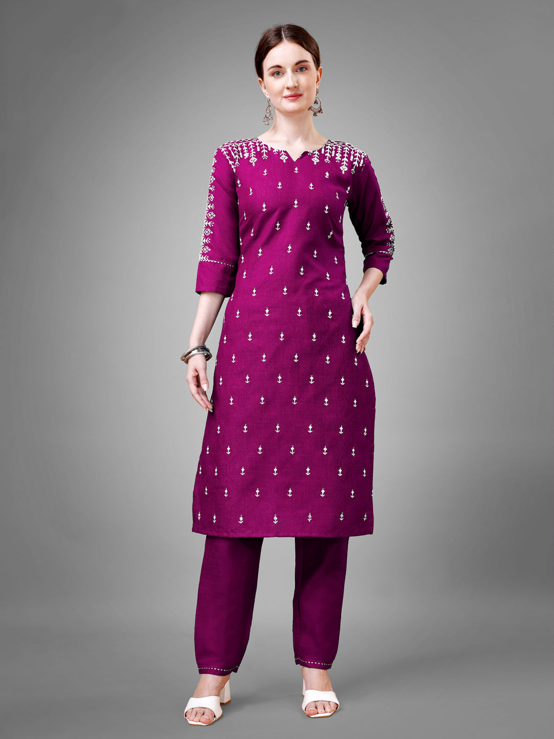 Jyoti Fashion Women's Purple Cotton Blend Sequins with Embroidered Kurta Set | Swadesiicart