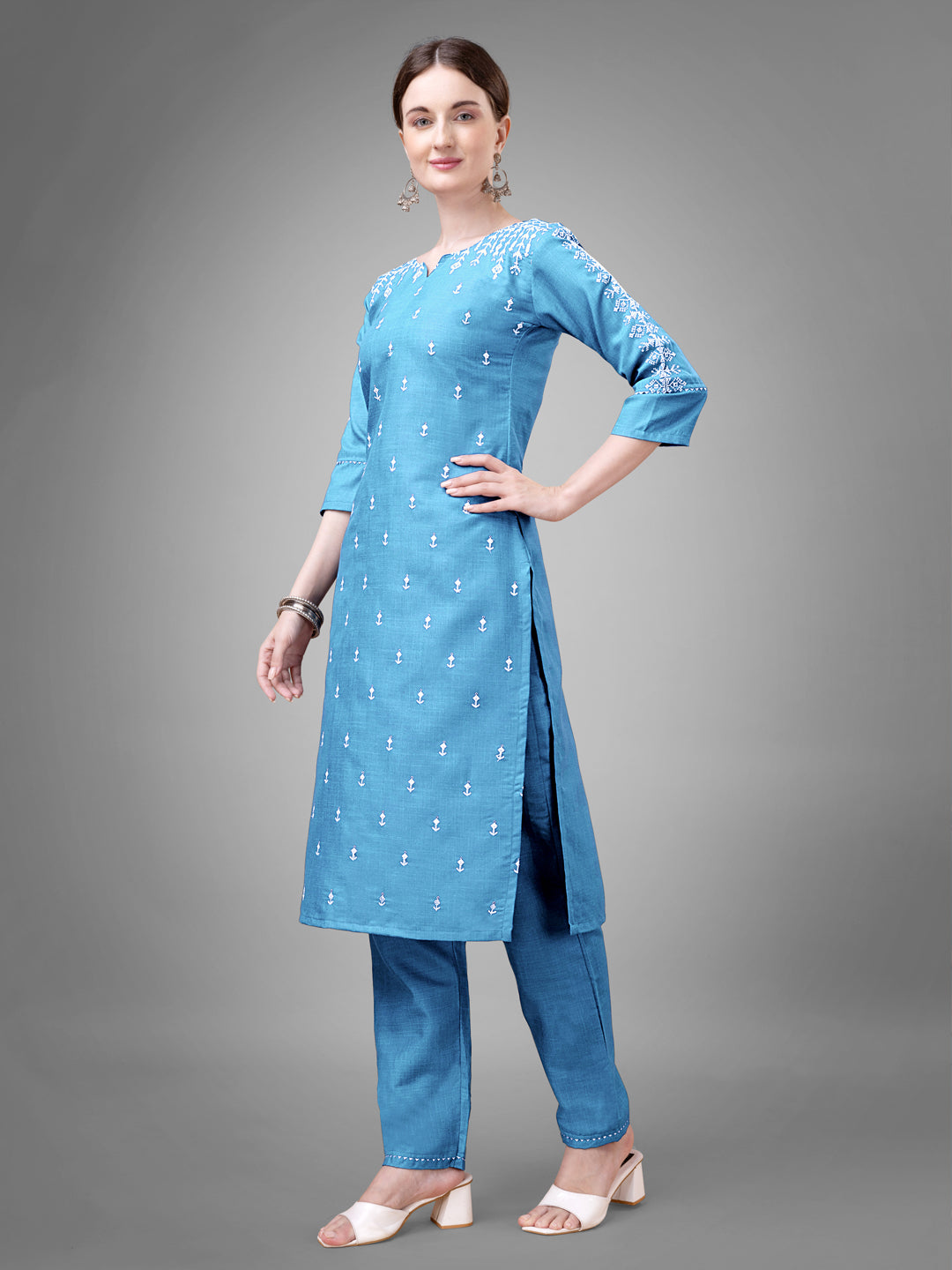 Jyoti Fashion Women's Sky Blue Cotton Blend Sequins with Embroidered Kurta Set | Swadesiicart