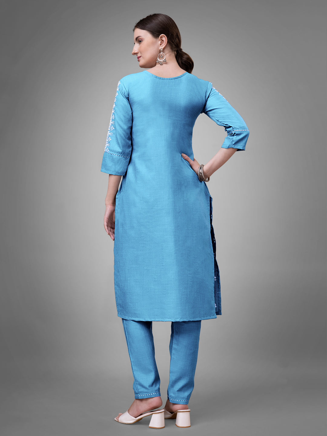 Jyoti Fashion Women's Sky Blue Cotton Blend Sequins with Embroidered Kurta Set | Swadesiicart