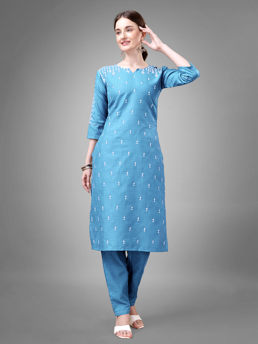 Jyoti Fashion Women's Sky Blue Cotton Blend Sequins with Embroidered Kurta Set | Swadesiicart