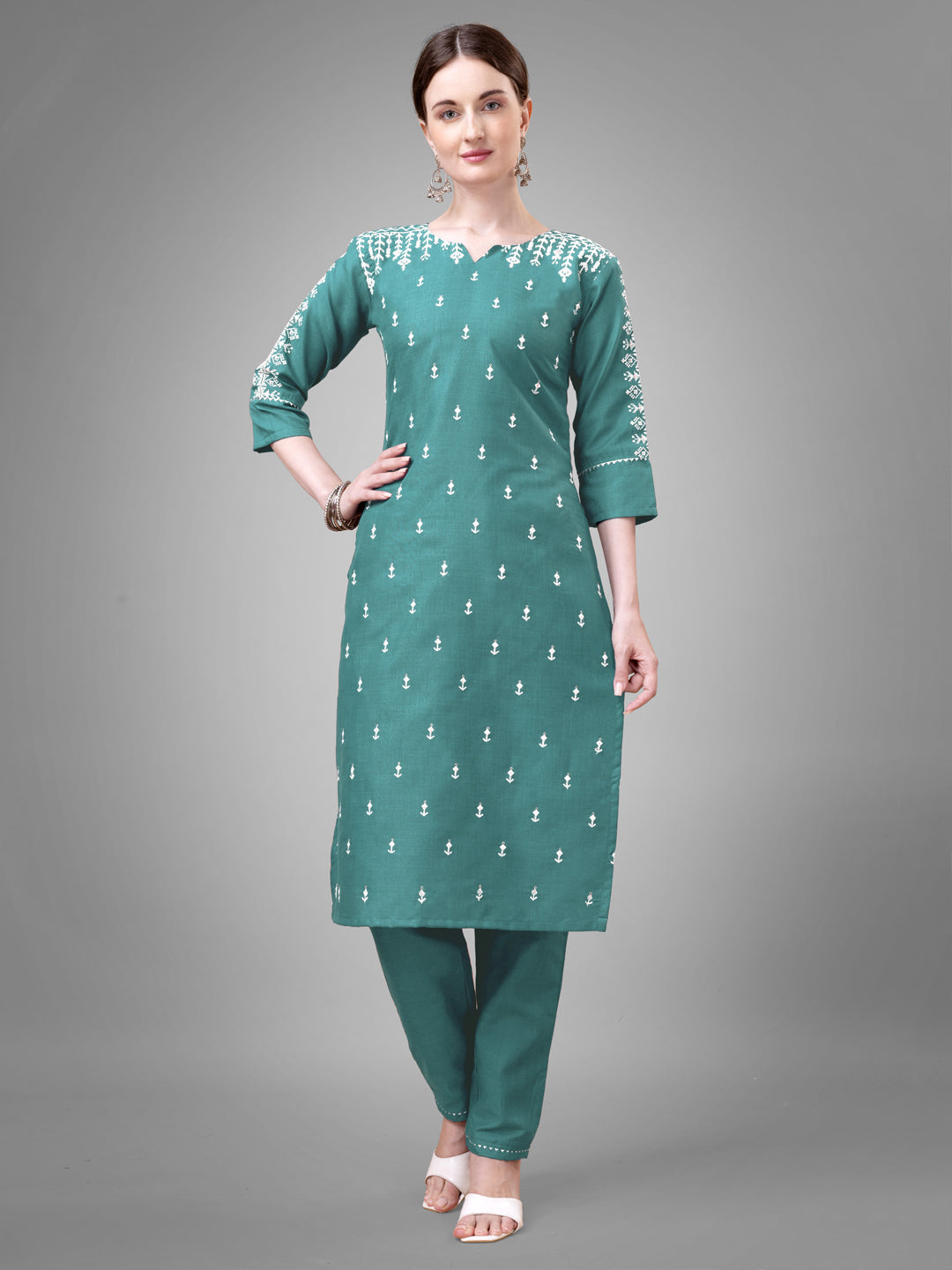 Jyoti Fashion Women's Teal Cotton Blend Sequins with Embroidered Kurta Set | Swadesiicart