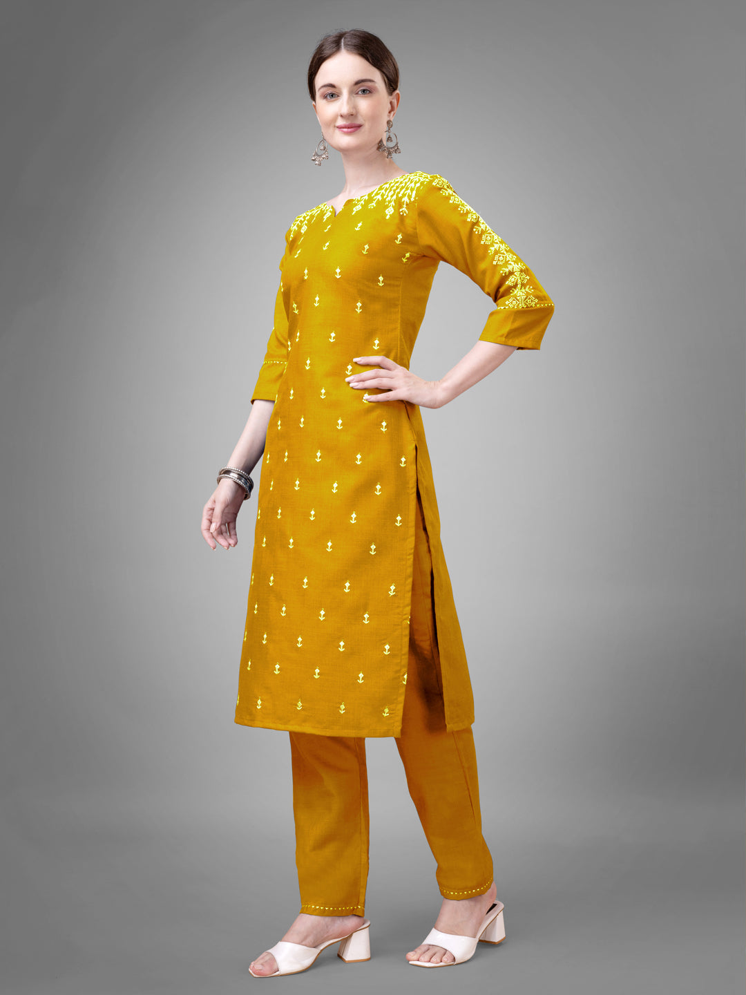 Jyoti Fashion Women's Yellow Cotton Blend Sequins with Embroidered Kurta Set | Swadesiicart