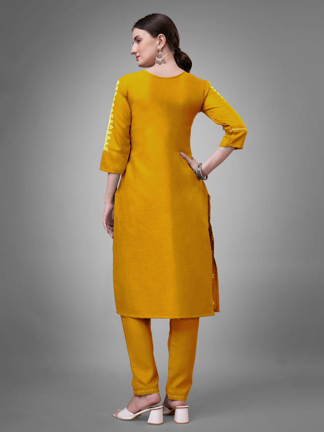 Jyoti Fashion Women's Yellow Cotton Blend Sequins with Embroidered Kurta Set | Swadesiicart