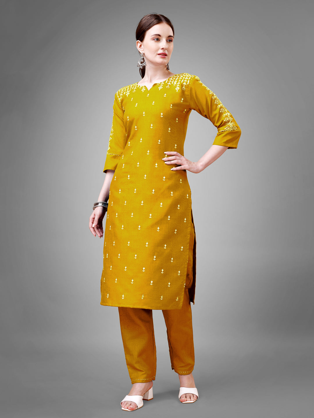 Jyoti Fashion Women's Yellow Cotton Blend Sequins with Embroidered Kurta Set | Swadesiicart