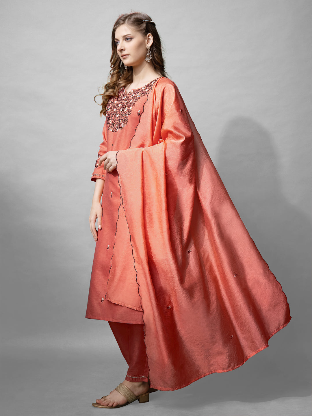 Jyoti Fashion Women's Coral Cotton Blend Embroidered Kurta Set | Swadesiicart