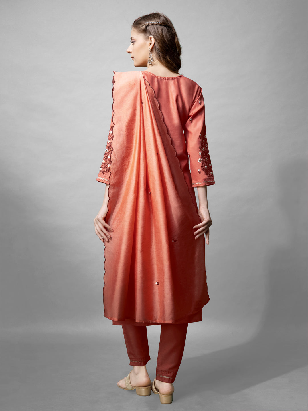 Jyoti Fashion Women's Coral Cotton Blend Embroidered Kurta Set | Swadesiicart