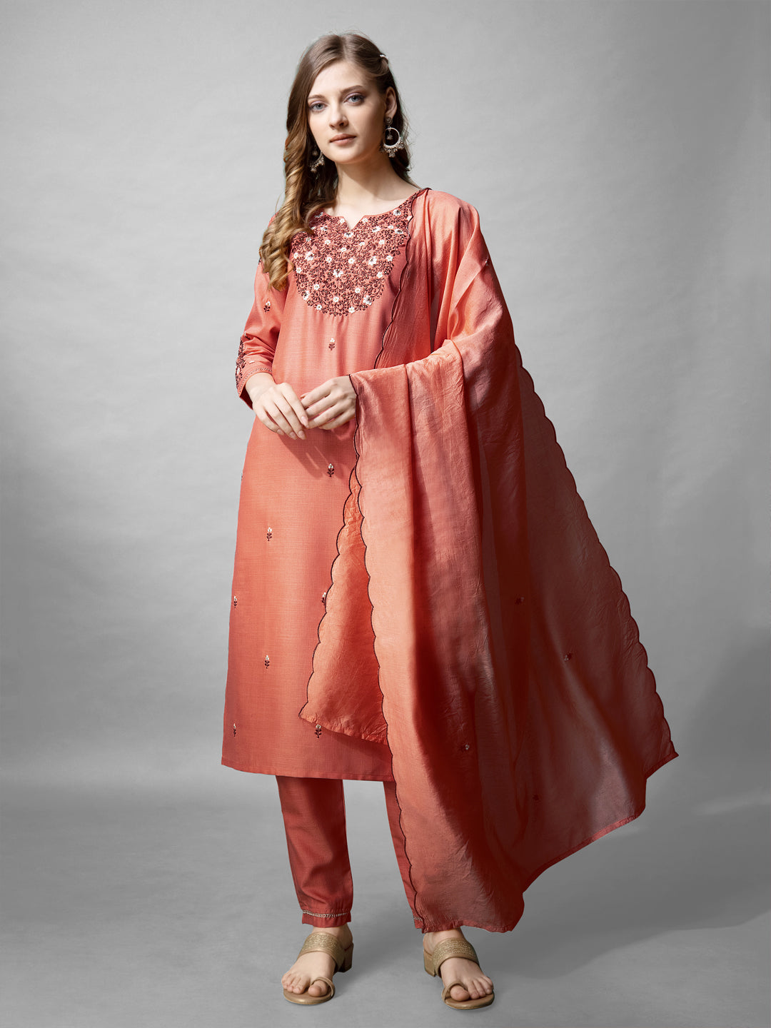 Jyoti Fashion Women's Coral Cotton Blend Embroidered Kurta Set | Swadesiicart