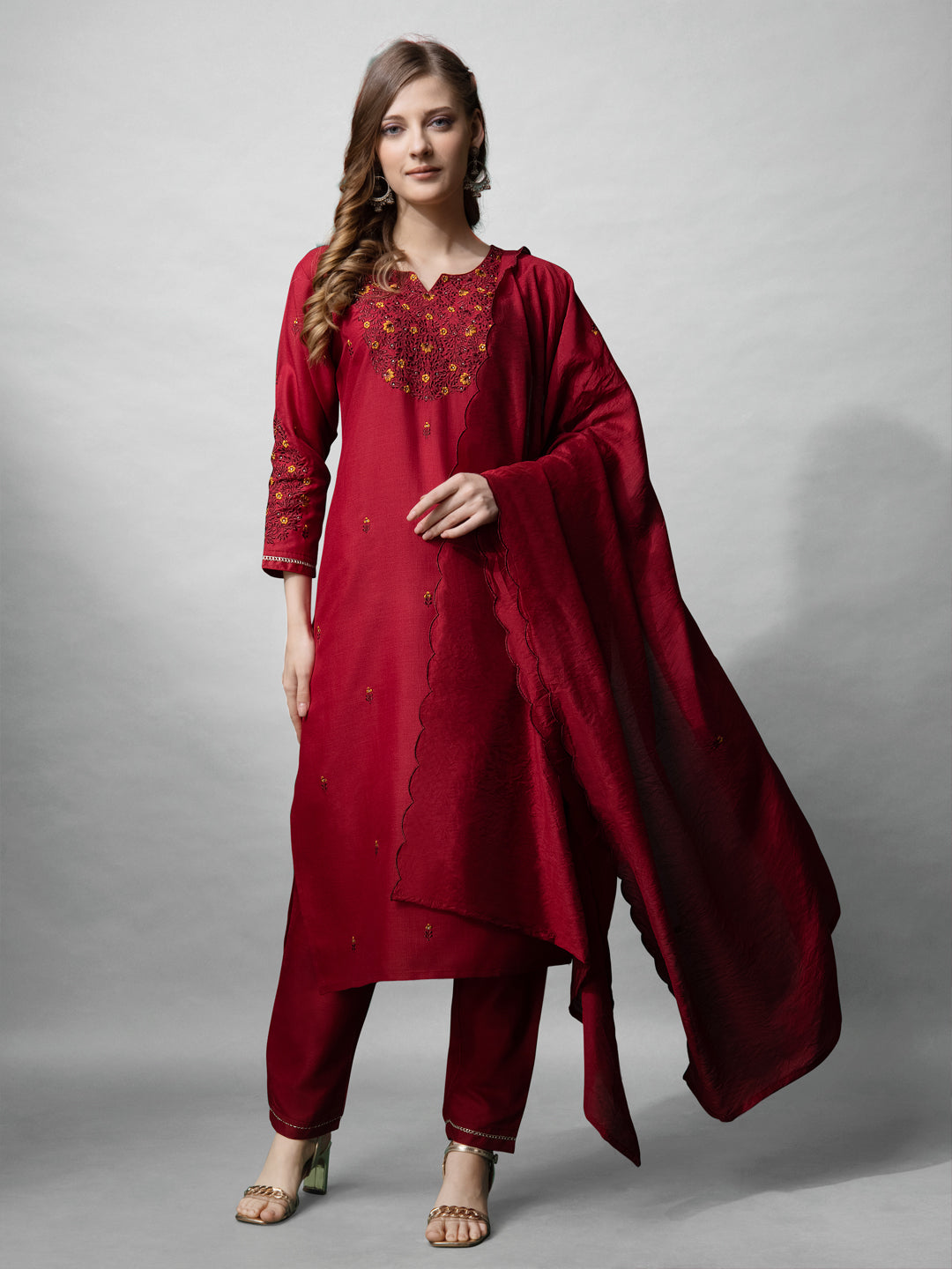 Jyoti Fashion Women's Maroon Cotton Blend Embroidered Kurta Set | Swadesiicart