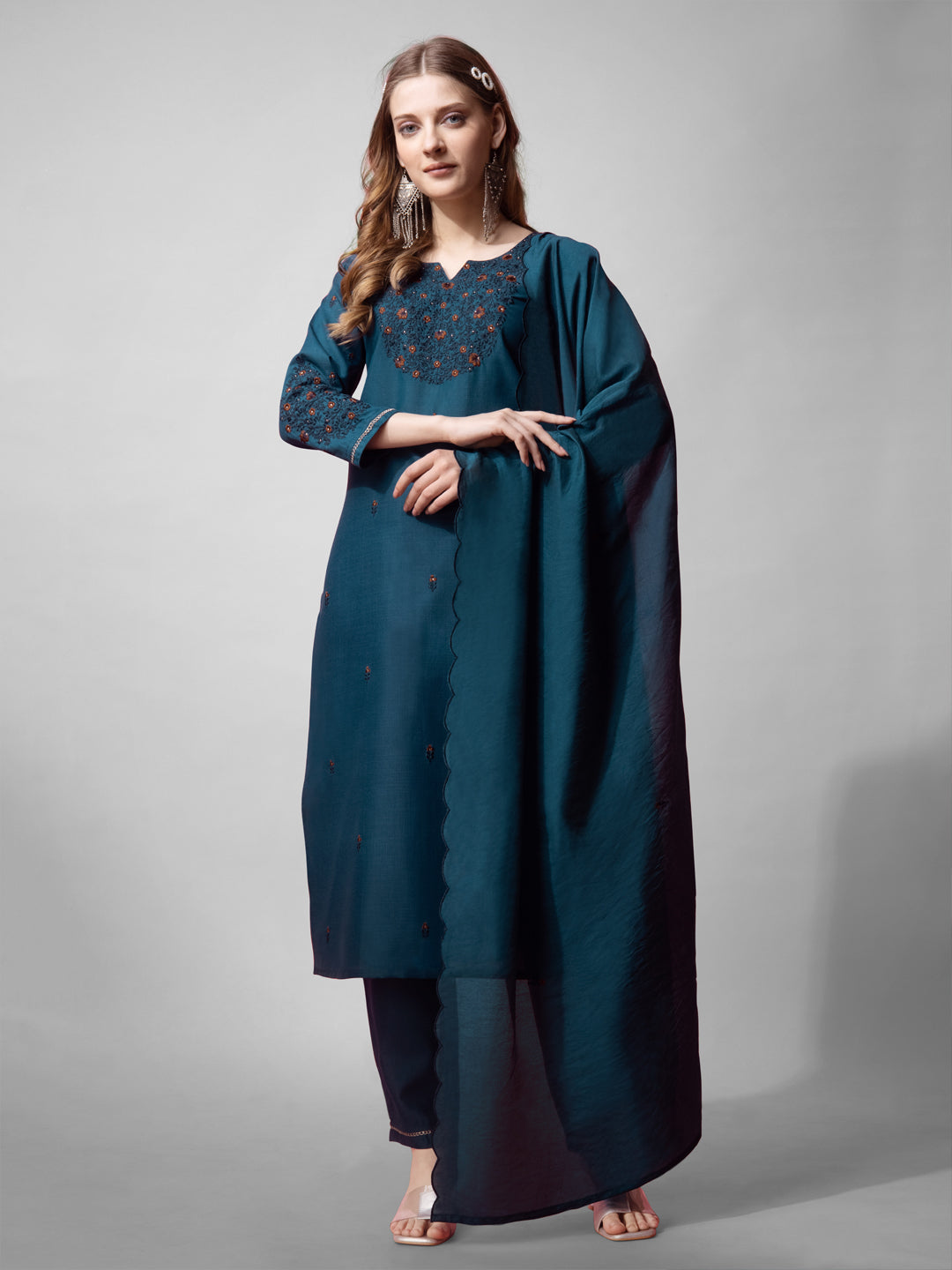 Jyoti Fashion Women's Morpich Cotton Blend Embroidered Kurta Set | Swadesiicart