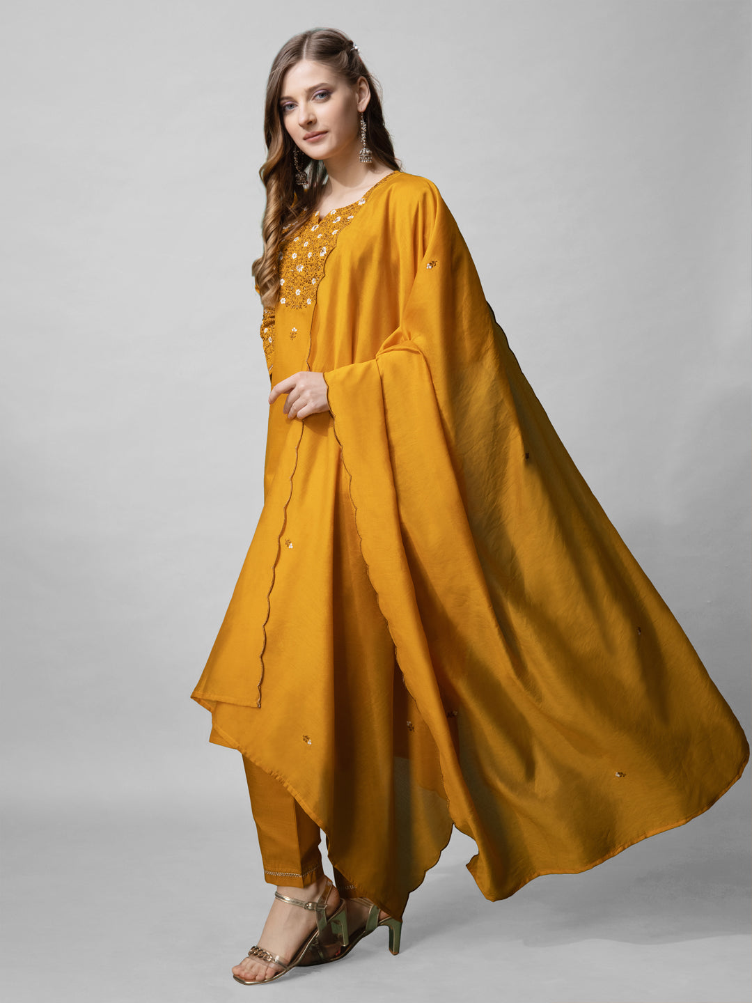 Jyoti Fashion Women's Mustard Cotton Blend Embroidered Kurta Set | Swadesiicart