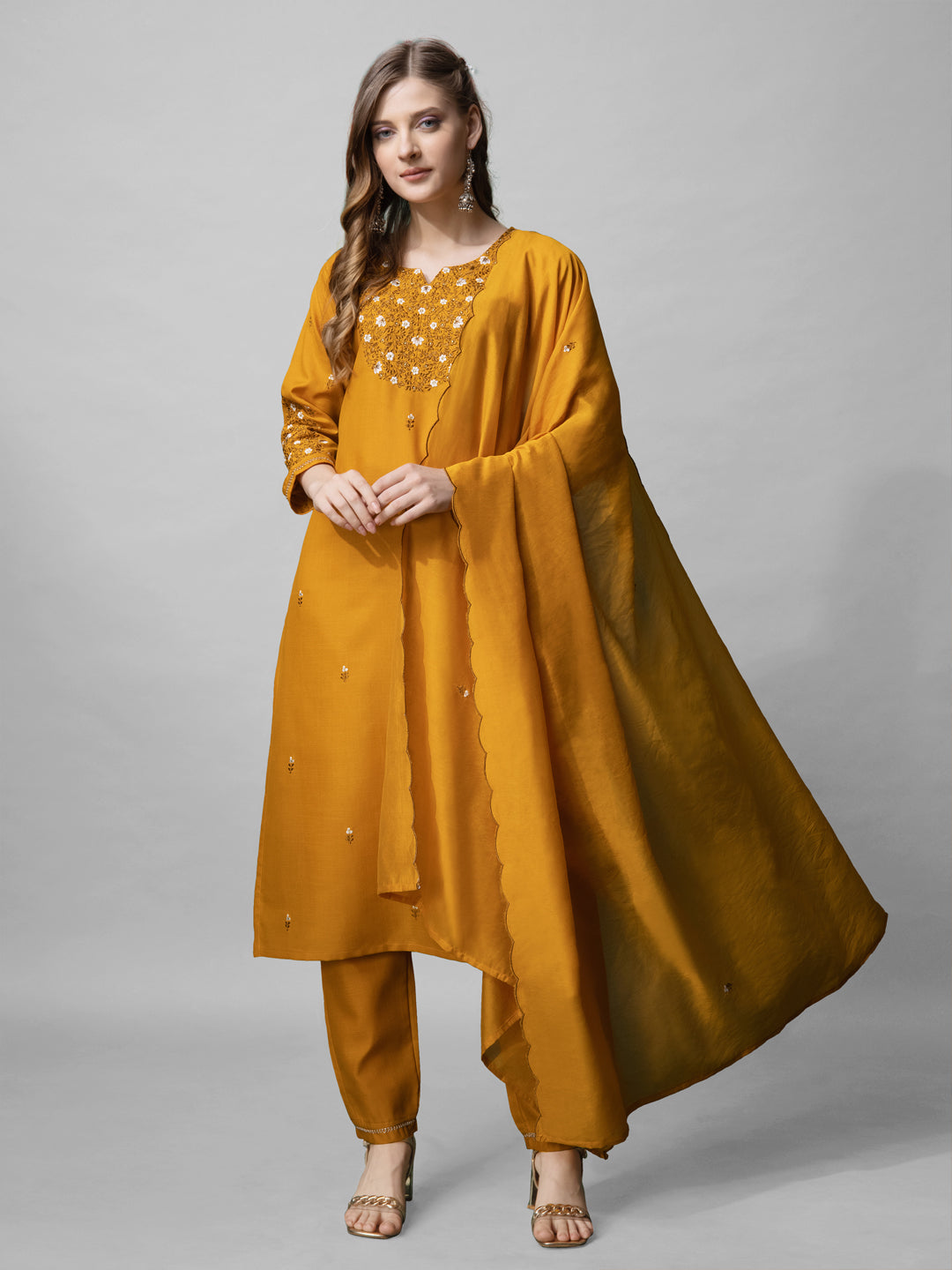 Jyoti Fashion Women's Mustard Cotton Blend Embroidered Kurta Set | Swadesiicart