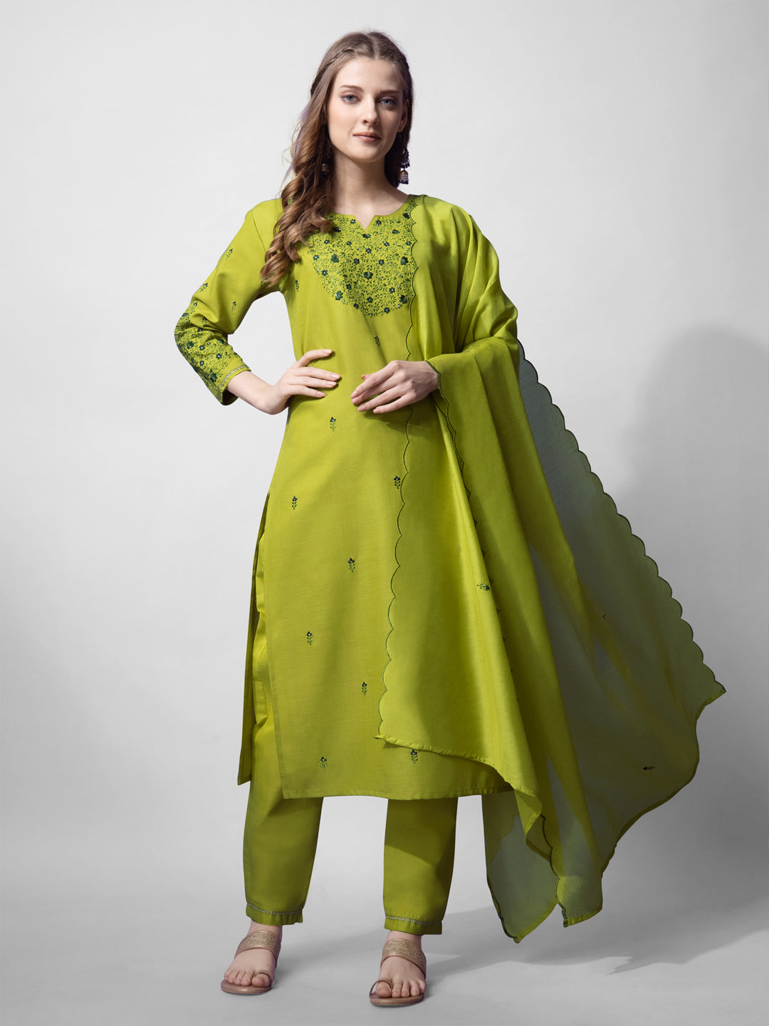 Jyoti Fashion Women's Parrot Green Cotton Blend Embroidered Kurta Set | Swadesiicart