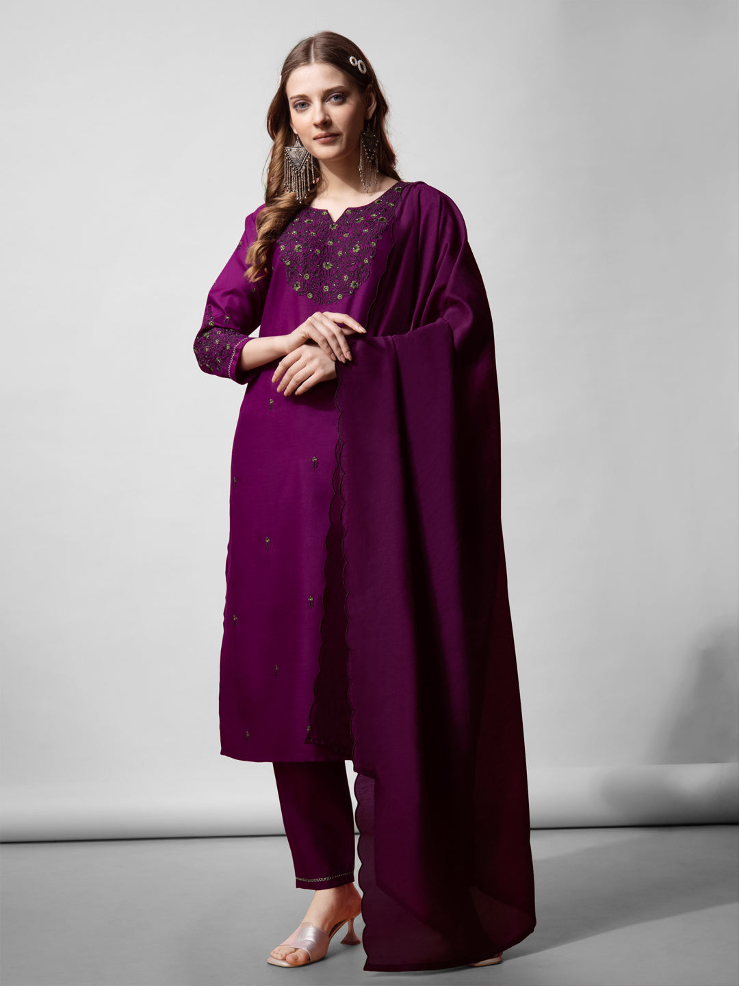 Jyoti Fashion Women's Purple Cotton Blend Embroidered Kurta Set | Swadesiicart