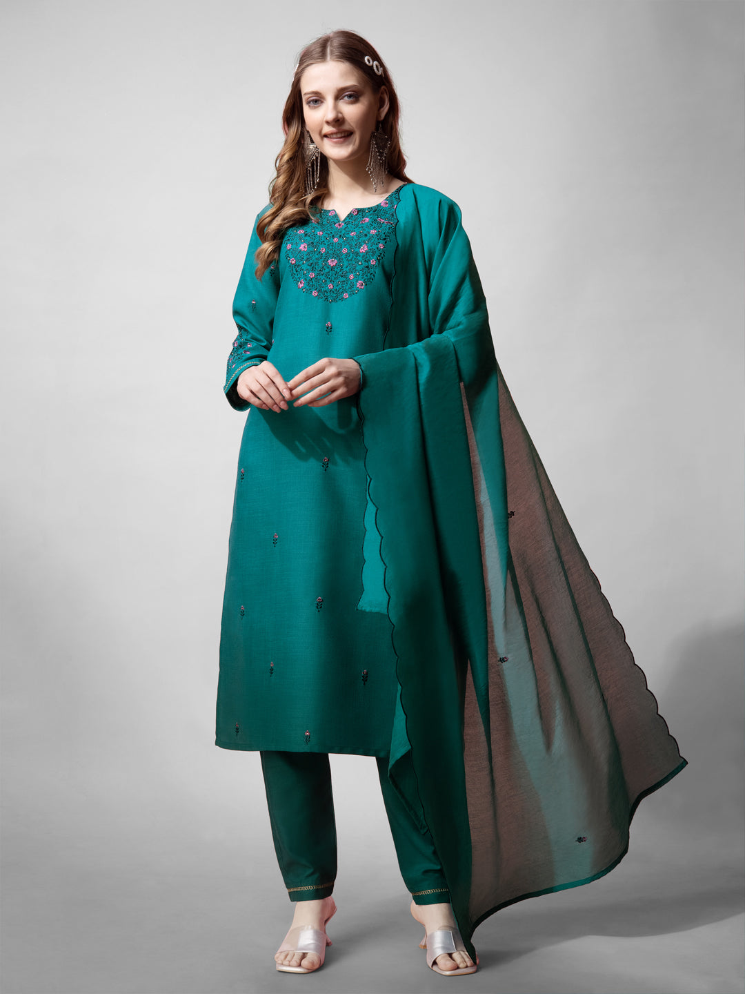 Jyoti Fashion Women's Rama Cotton Blend Embroidered Kurta Set | Swadesiicart