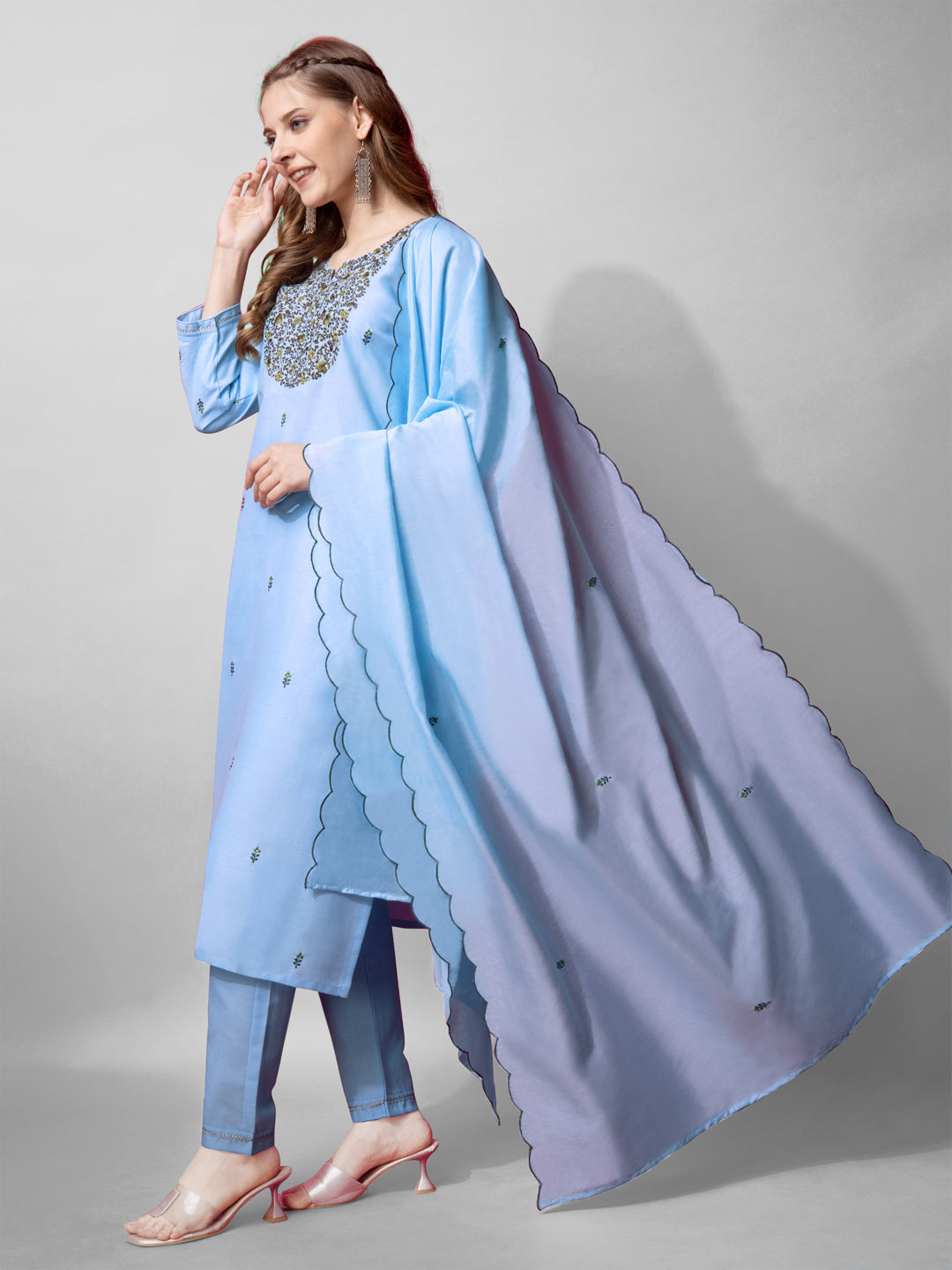 Jyoti Fashion Women's Sky Blue Cotton Blend Embroidered Kurta Set | Swadesiicart