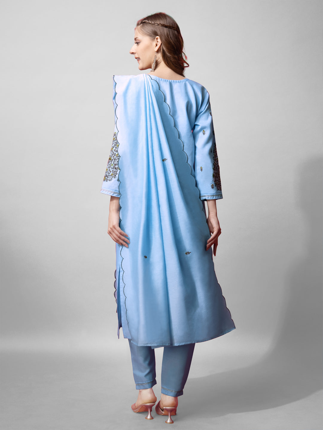 Jyoti Fashion Women's Sky Blue Cotton Blend Embroidered Kurta Set | Swadesiicart