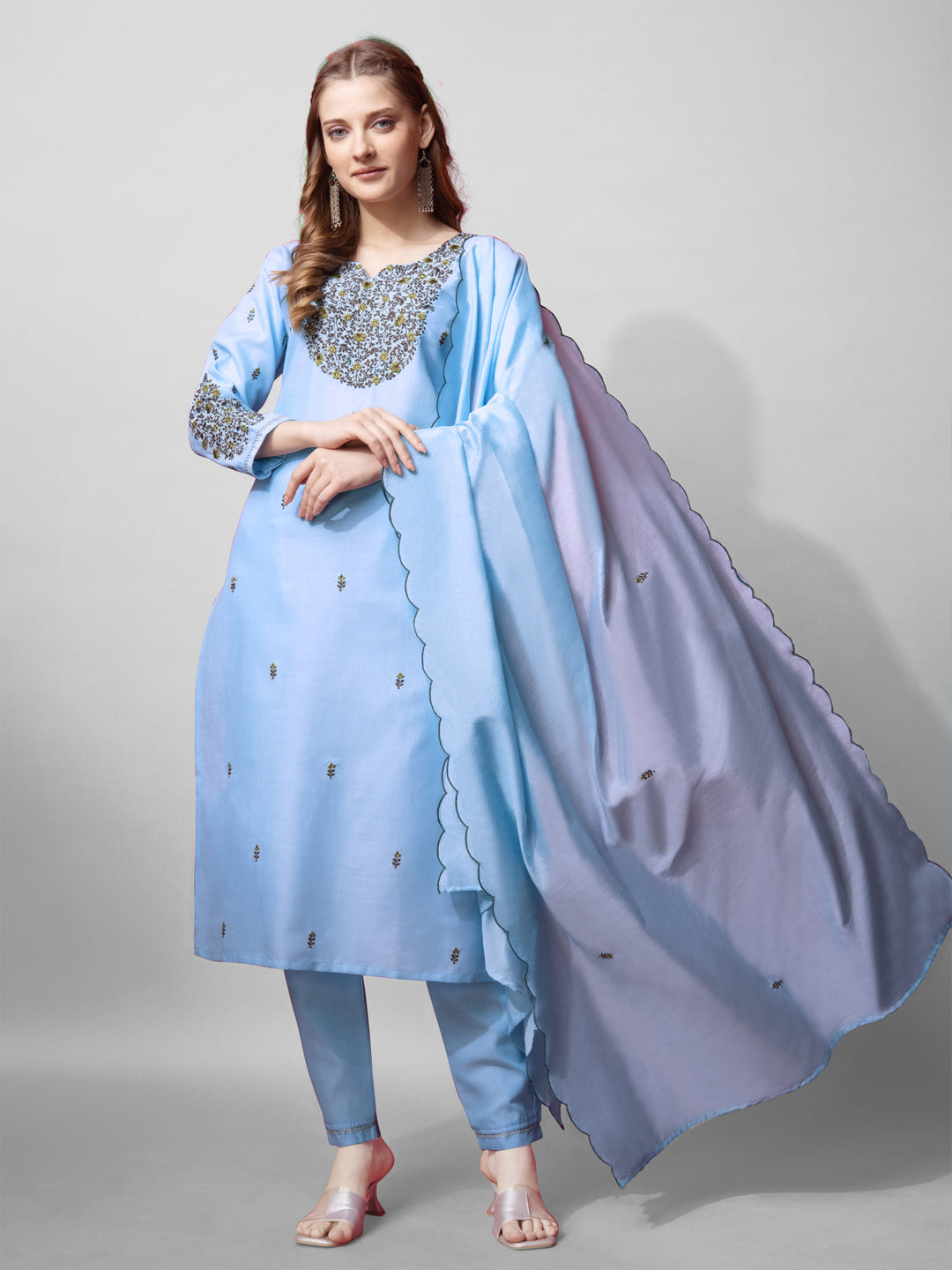 Jyoti Fashion Women's Sky Blue Cotton Blend Embroidered Kurta Set | Swadesiicart