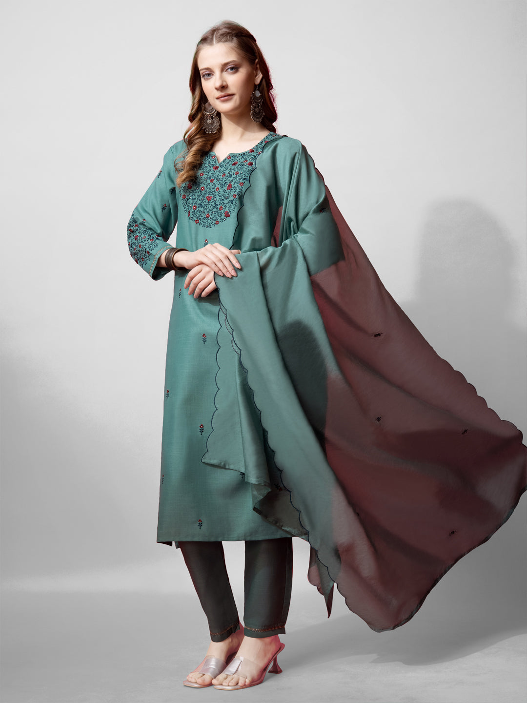 Jyoti Fashion Women's Teal Cotton Blend Embroidered Kurta Set | Swadesiicart