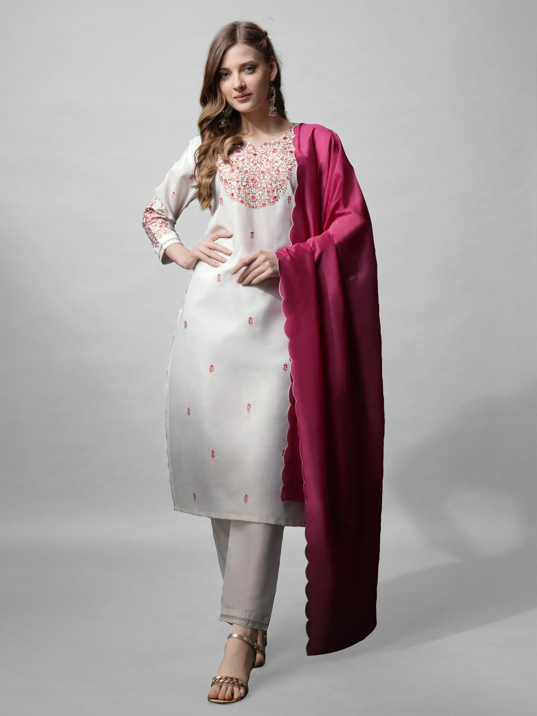 Jyoti Fashion Women's White Cotton Blend Embroidered Kurta Set | Swadesiicart