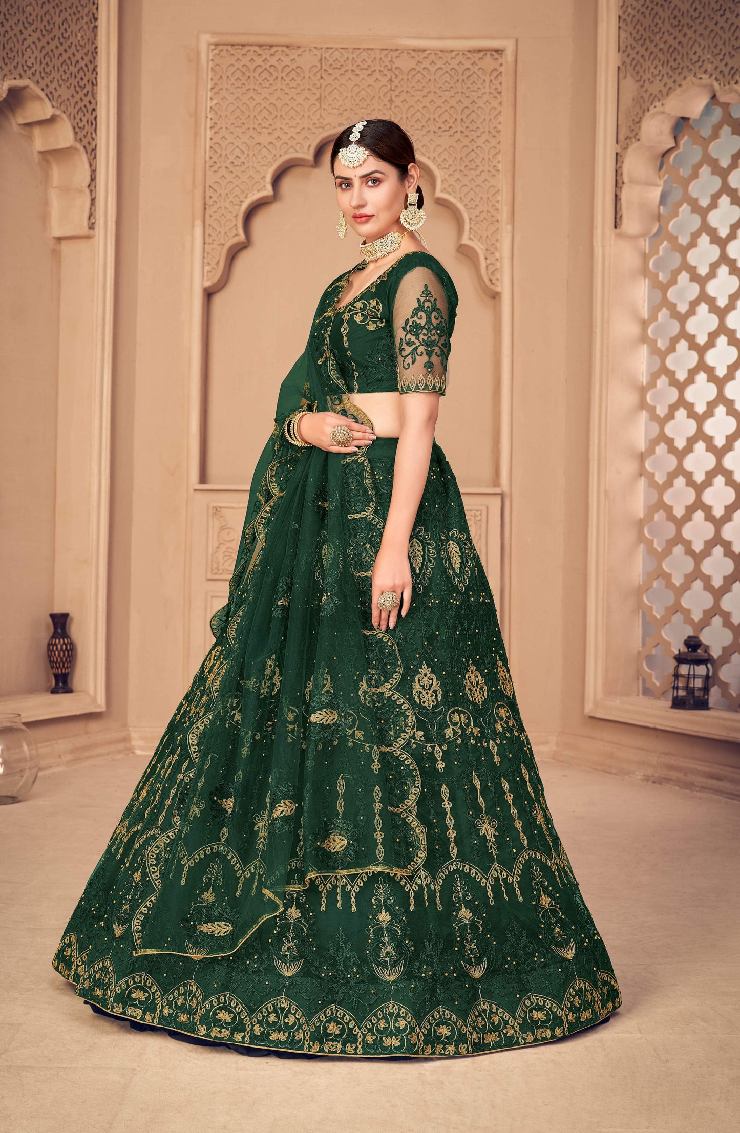Jyoti Fashion Women's Dark Green Net Thread Embroidered Designer Lehenga Choli Set | Swadesiicart