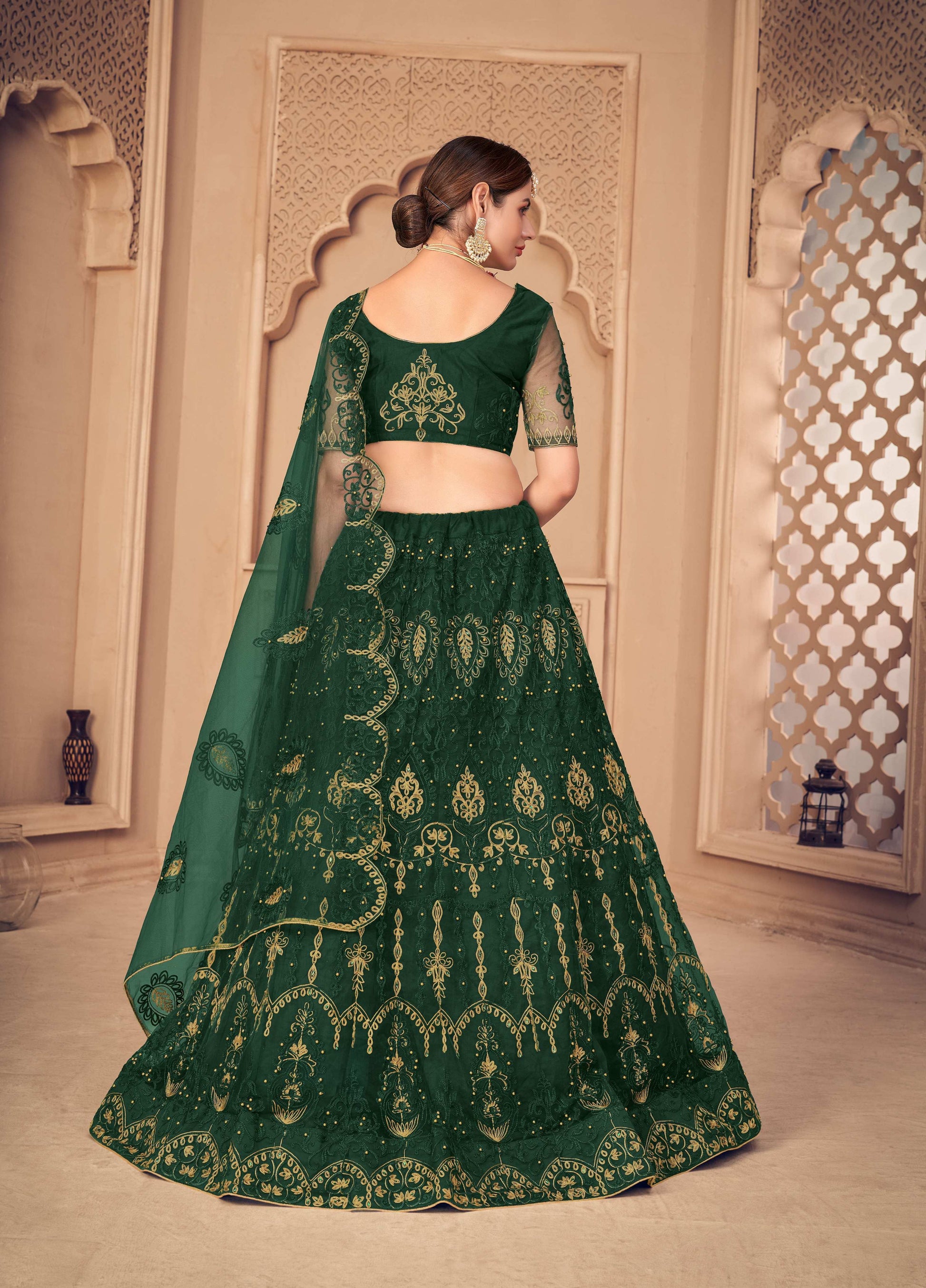 Jyoti Fashion Women's Dark Green Net Thread Embroidered Designer Lehenga Choli Set | Swadesiicart