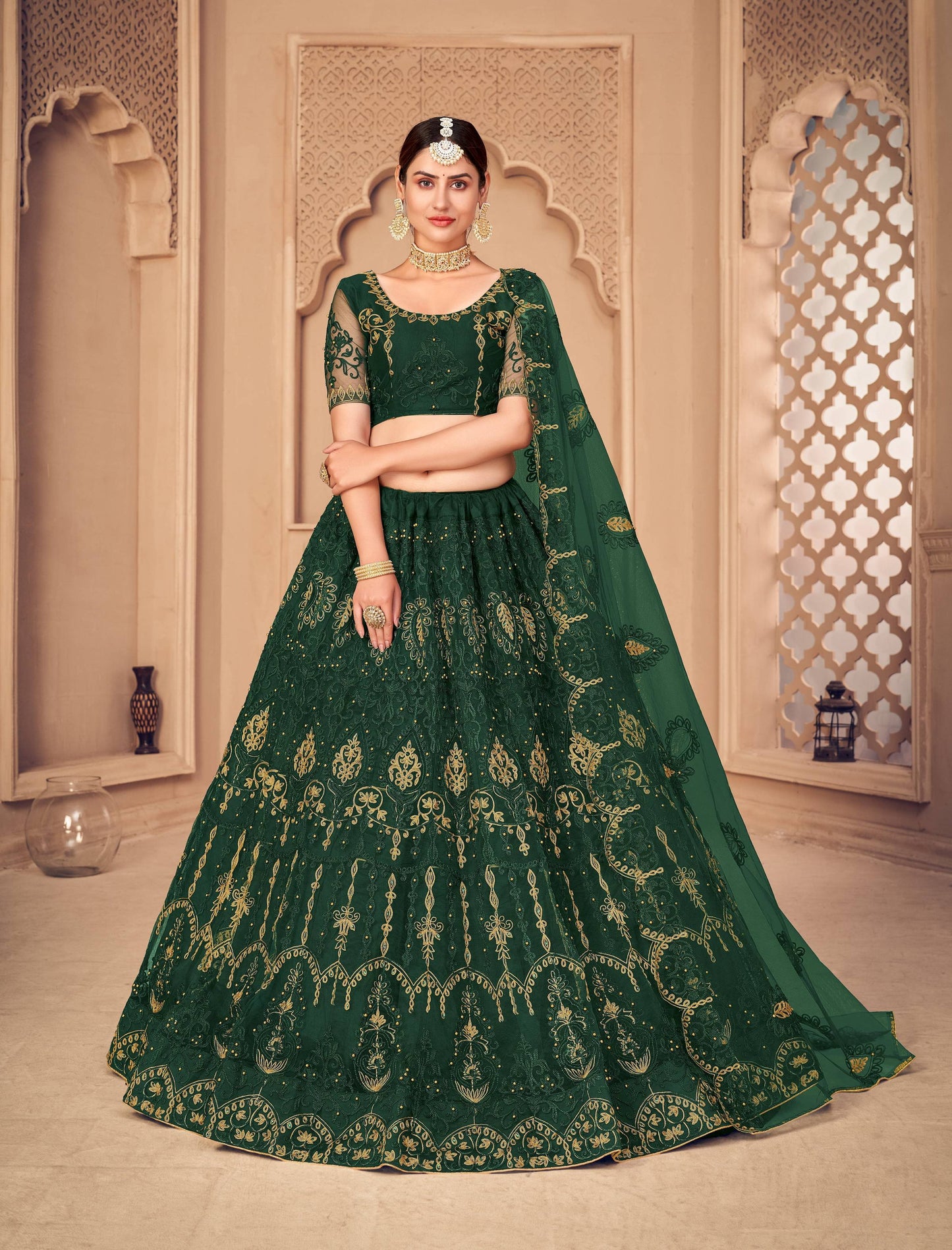 Jyoti Fashion Women's Dark Green Net Thread Embroidered Designer Lehenga Choli Set | Swadesiicart