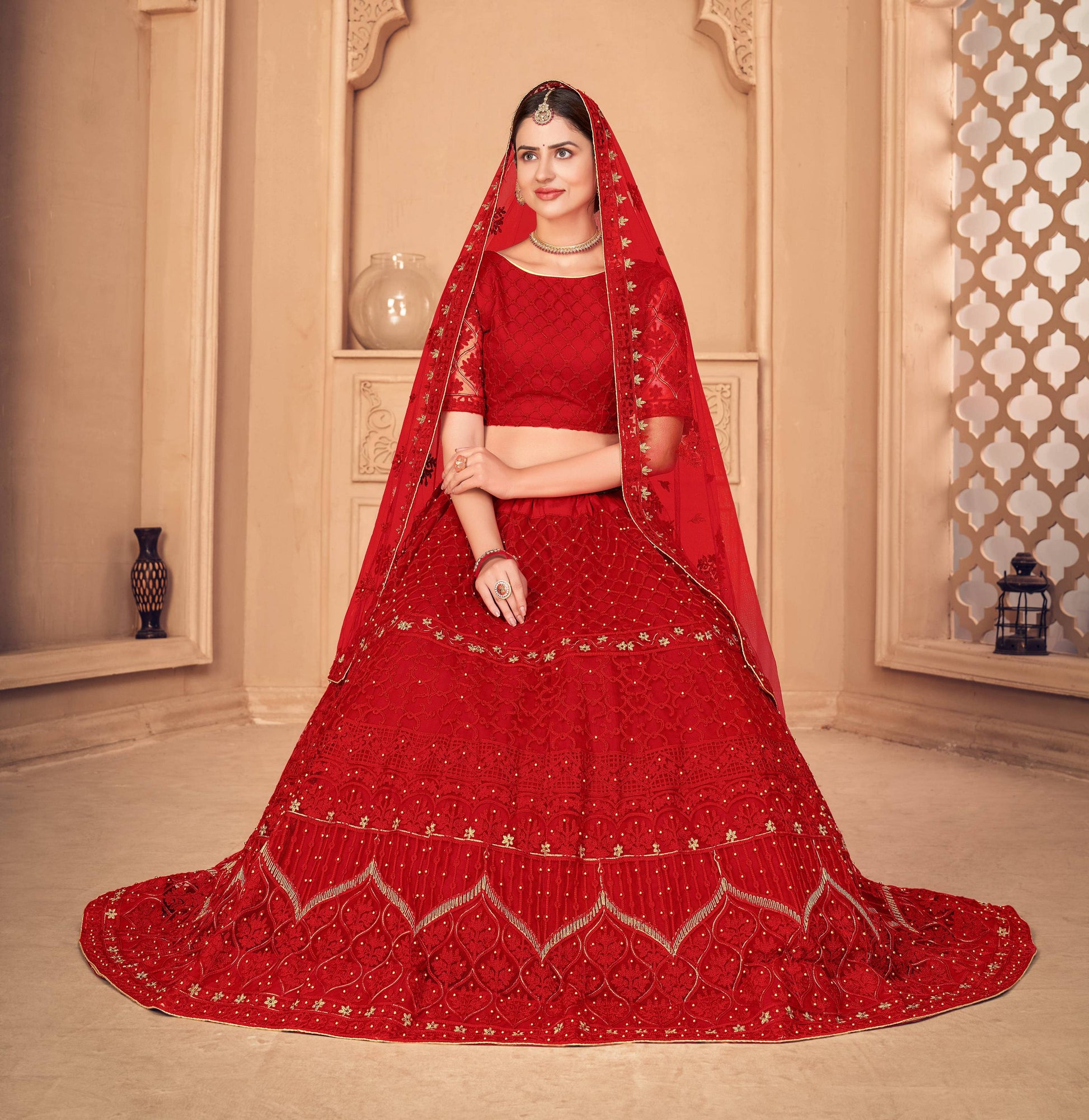 Jyoti Fashion Women's Red Net Thread Embroidered Designer Lehenga Choli Set | Swadesiicart