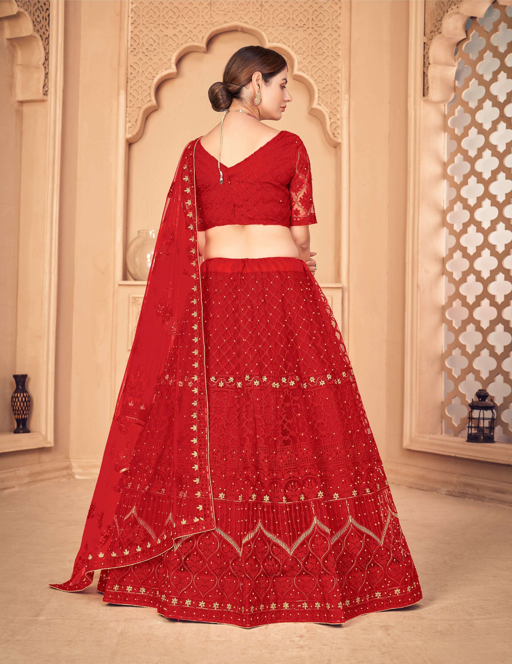 Jyoti Fashion Women's Red Net Thread Embroidered Designer Lehenga Choli Set | Swadesiicart