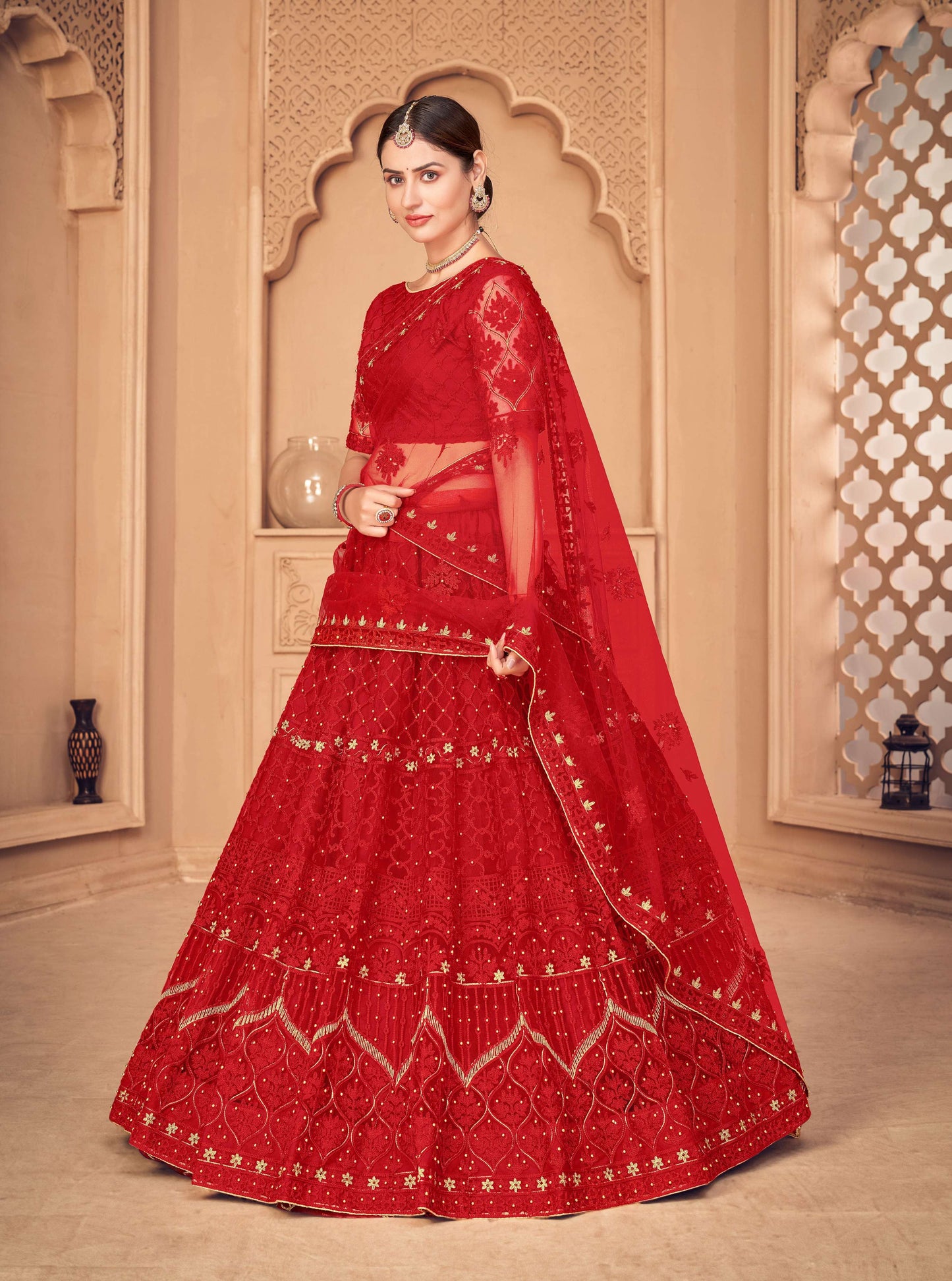 Jyoti Fashion Women's Red Net Thread Embroidered Designer Lehenga Choli Set | Swadesiicart
