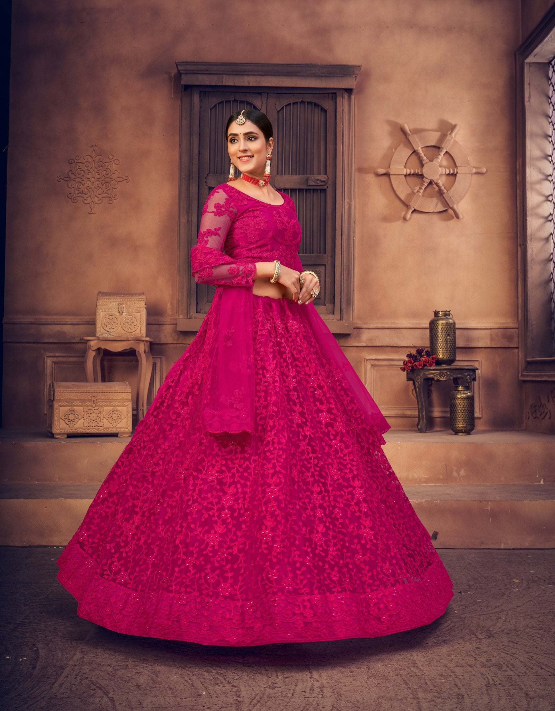Jyoti Fashion Women's Rani Pink Net Thread Embroidered Designer Lehenga Choli Set | Swadesiicart