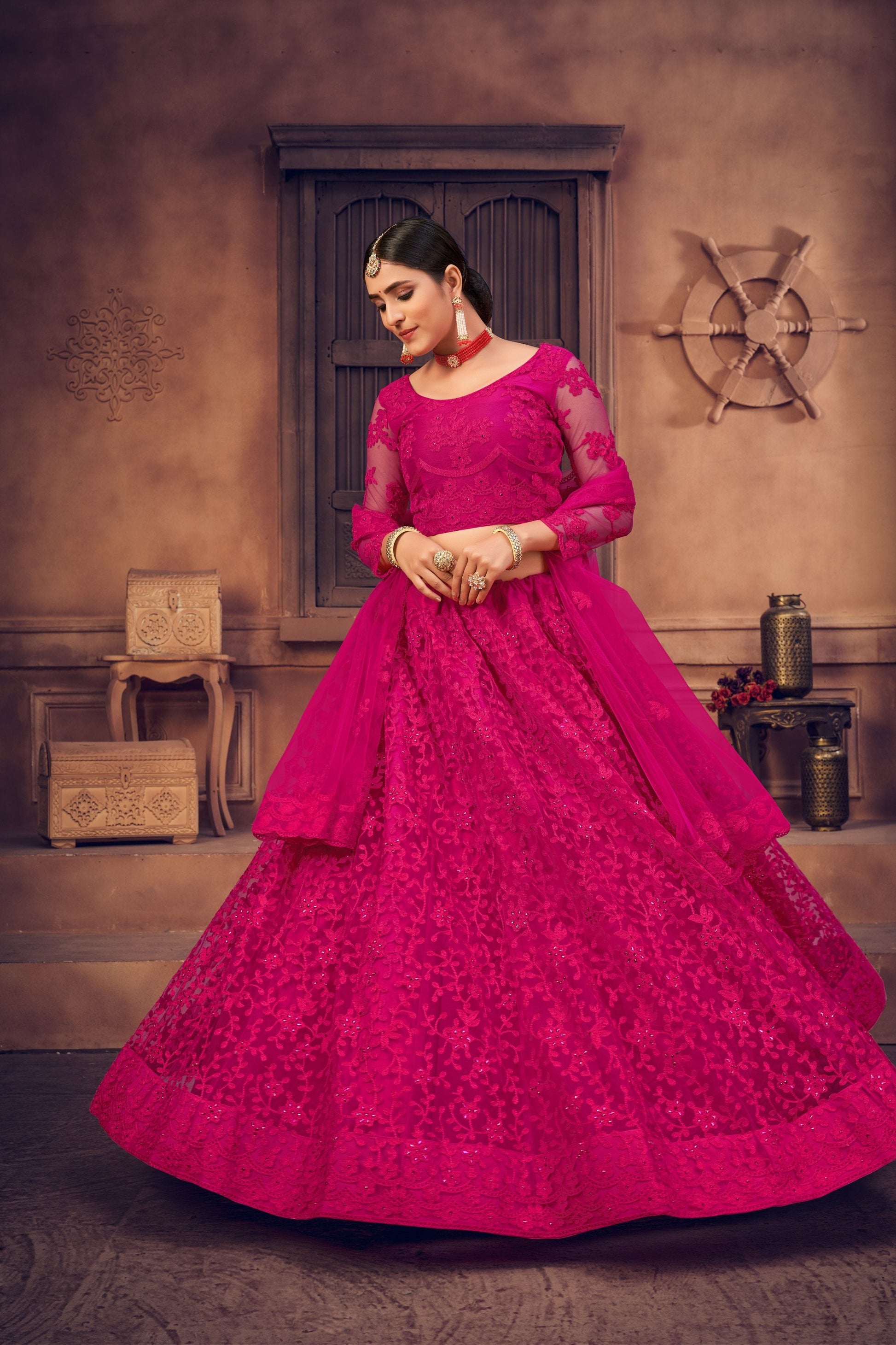 Jyoti Fashion Women's Rani Pink Net Thread Embroidered Designer Lehenga Choli Set | Swadesiicart