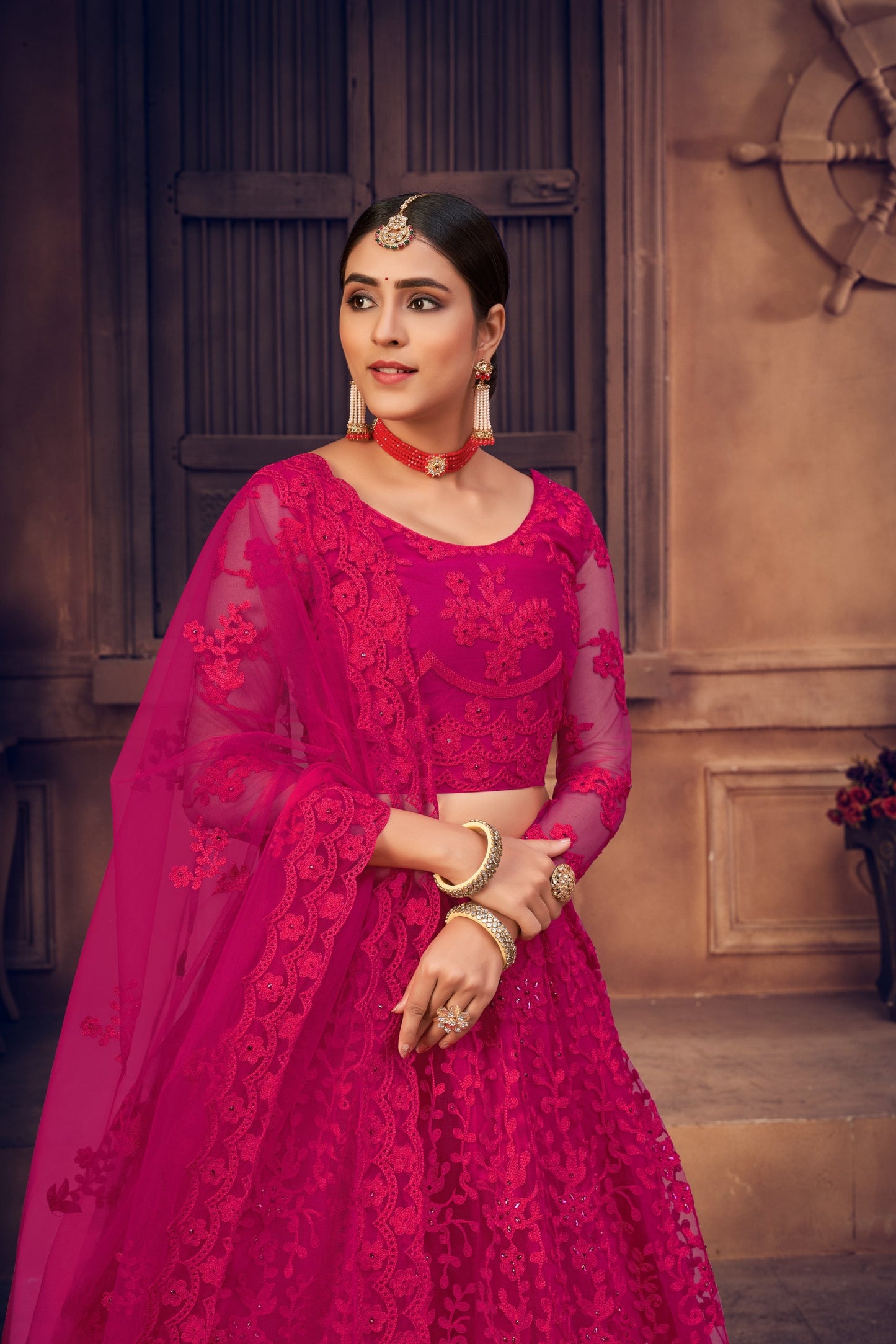 Jyoti Fashion Women's Rani Pink Net Thread Embroidered Designer Lehenga Choli Set | Swadesiicart