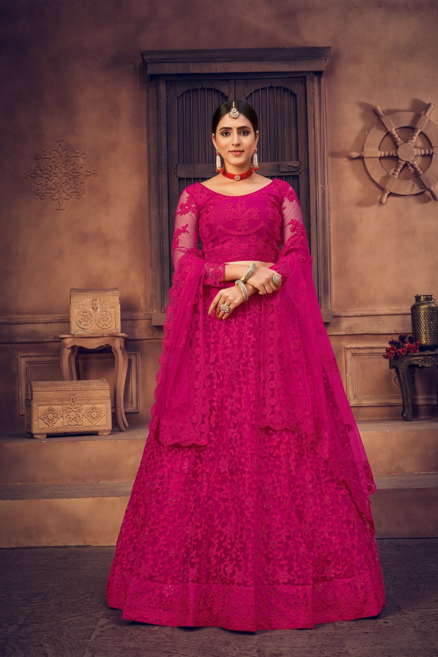 Jyoti Fashion Women's Rani Pink Net Thread Embroidered Designer Lehenga Choli Set | Swadesiicart