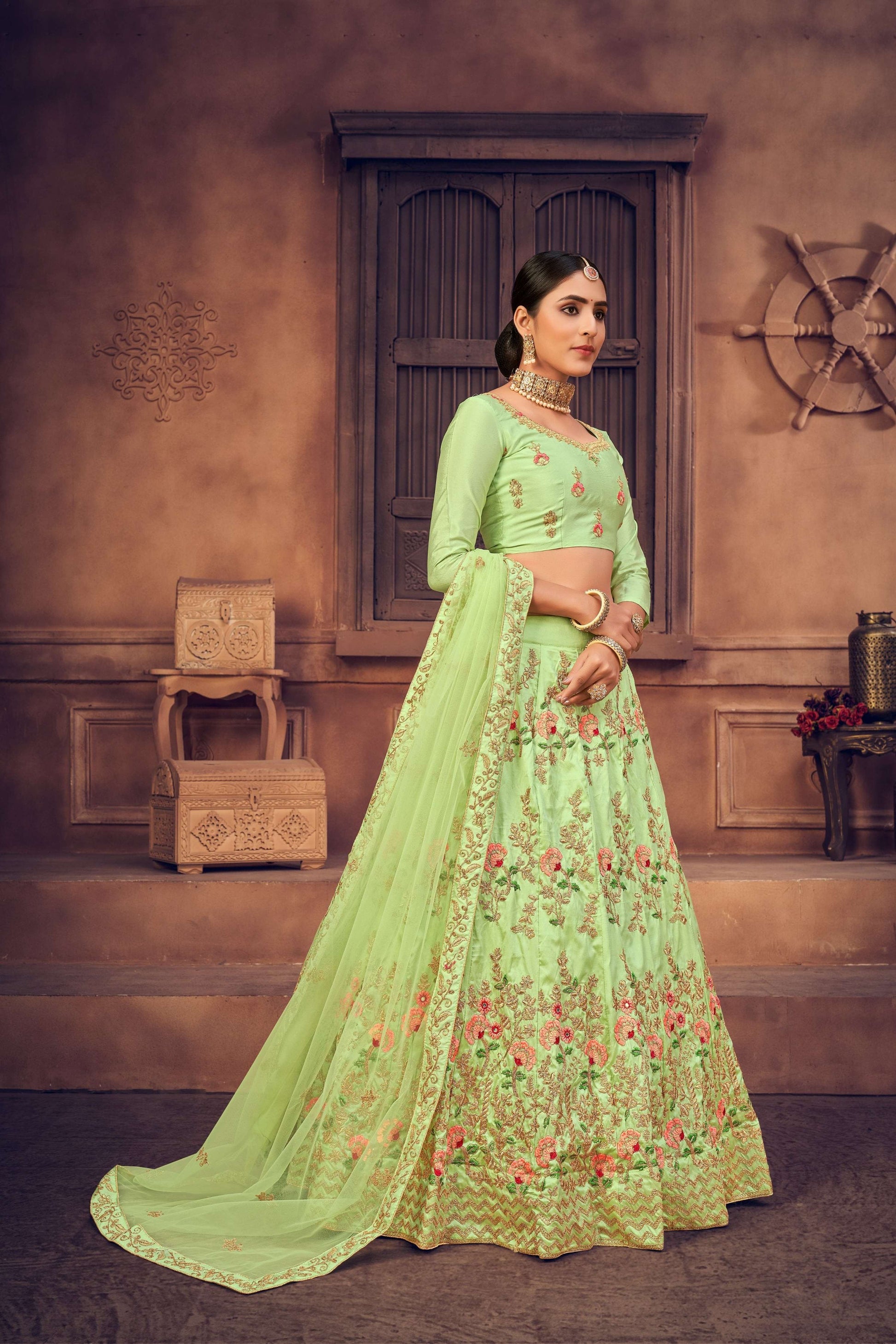 Jyoti Fashion Women's Pista Green Taffeta Silk Thread Embroidered Designer Lehenga Choli Set | Swadesiicart