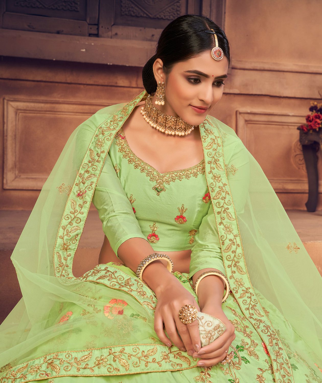 Jyoti Fashion Women's Pista Green Taffeta Silk Thread Embroidered Designer Lehenga Choli Set | Swadesiicart