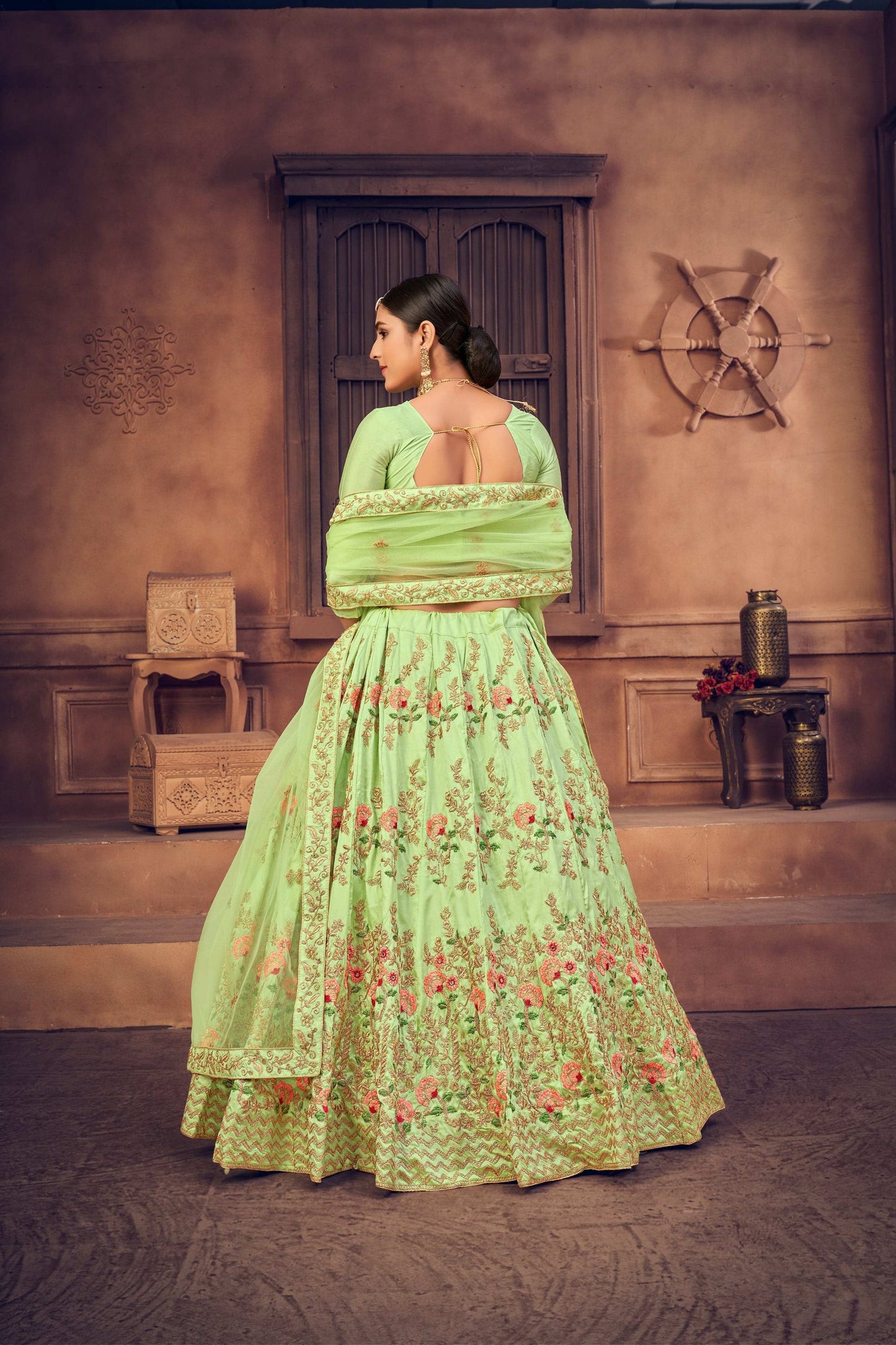 Jyoti Fashion Women's Pista Green Taffeta Silk Thread Embroidered Designer Lehenga Choli Set | Swadesiicart