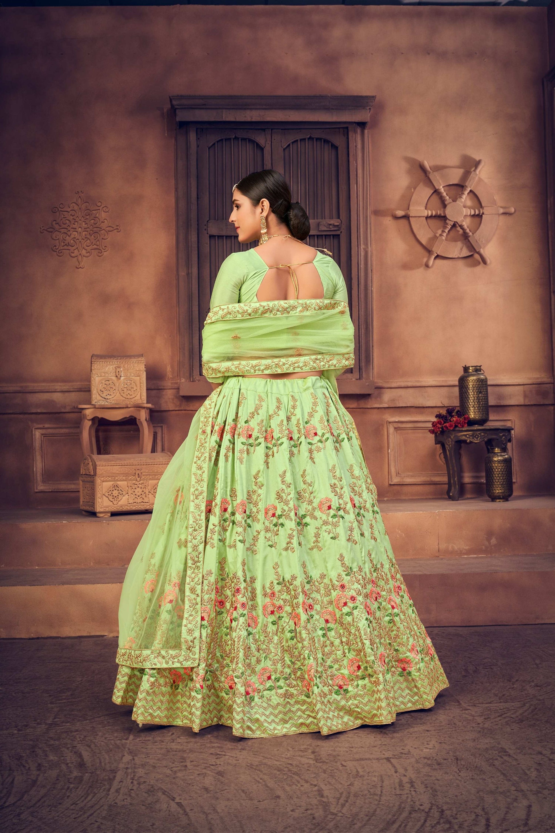 Jyoti Fashion Women's Pista Green Taffeta Silk Thread Embroidered Designer Lehenga Choli Set | Swadesiicart