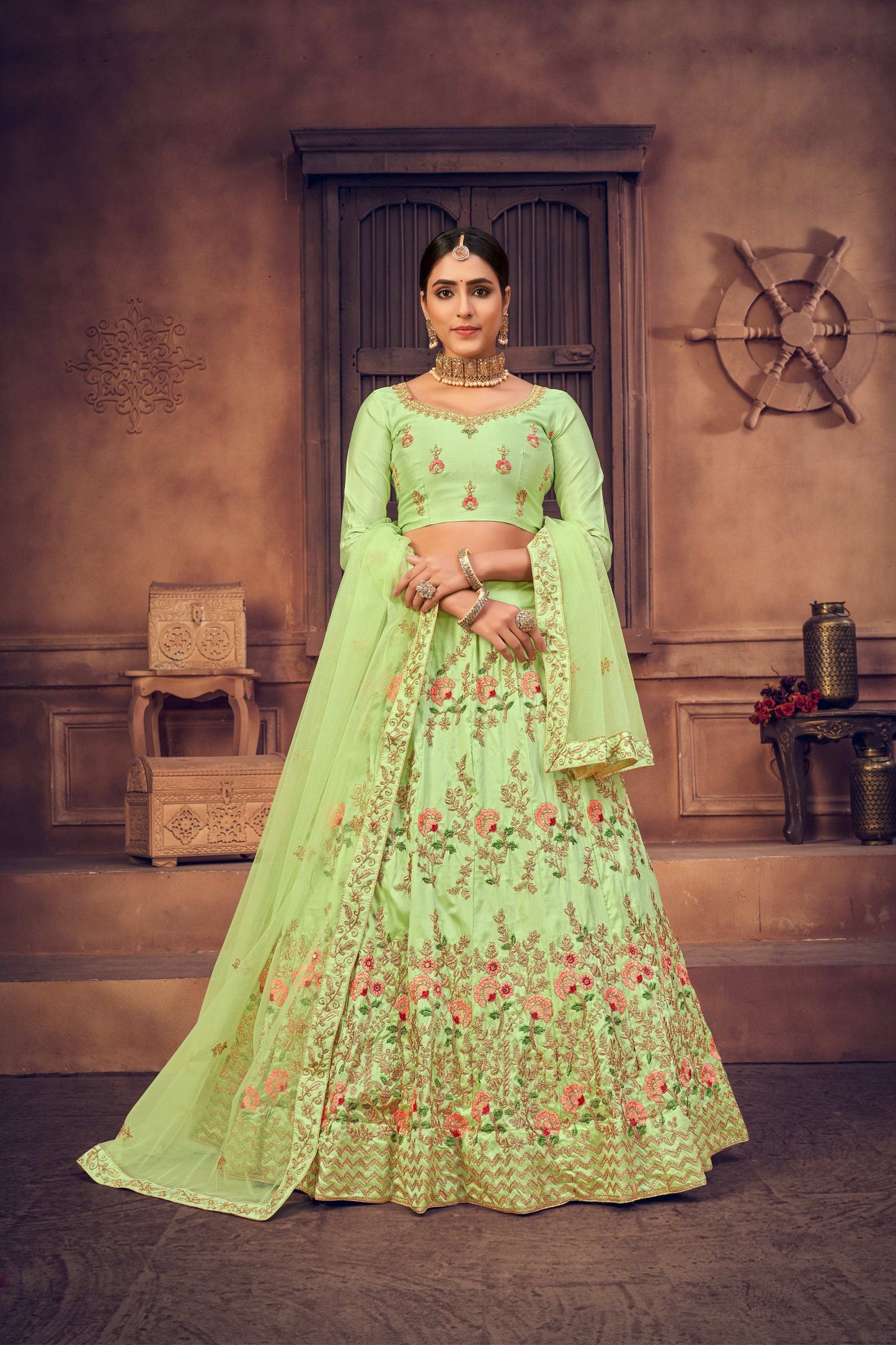 Jyoti Fashion Women's Pista Green Taffeta Silk Thread Embroidered Designer Lehenga Choli Set | Swadesiicart