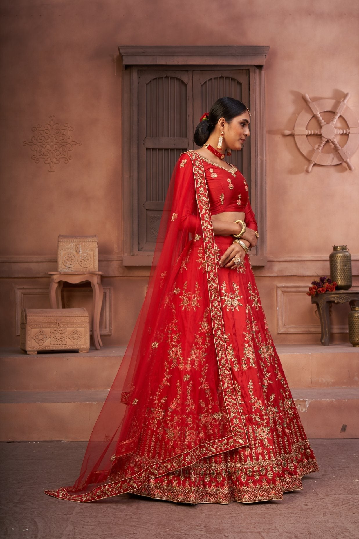 Jyoti Fashion Women's Red Taffeta Silk Thread Embroidered Designer Lehenga Choli Set | Swadesiicart
