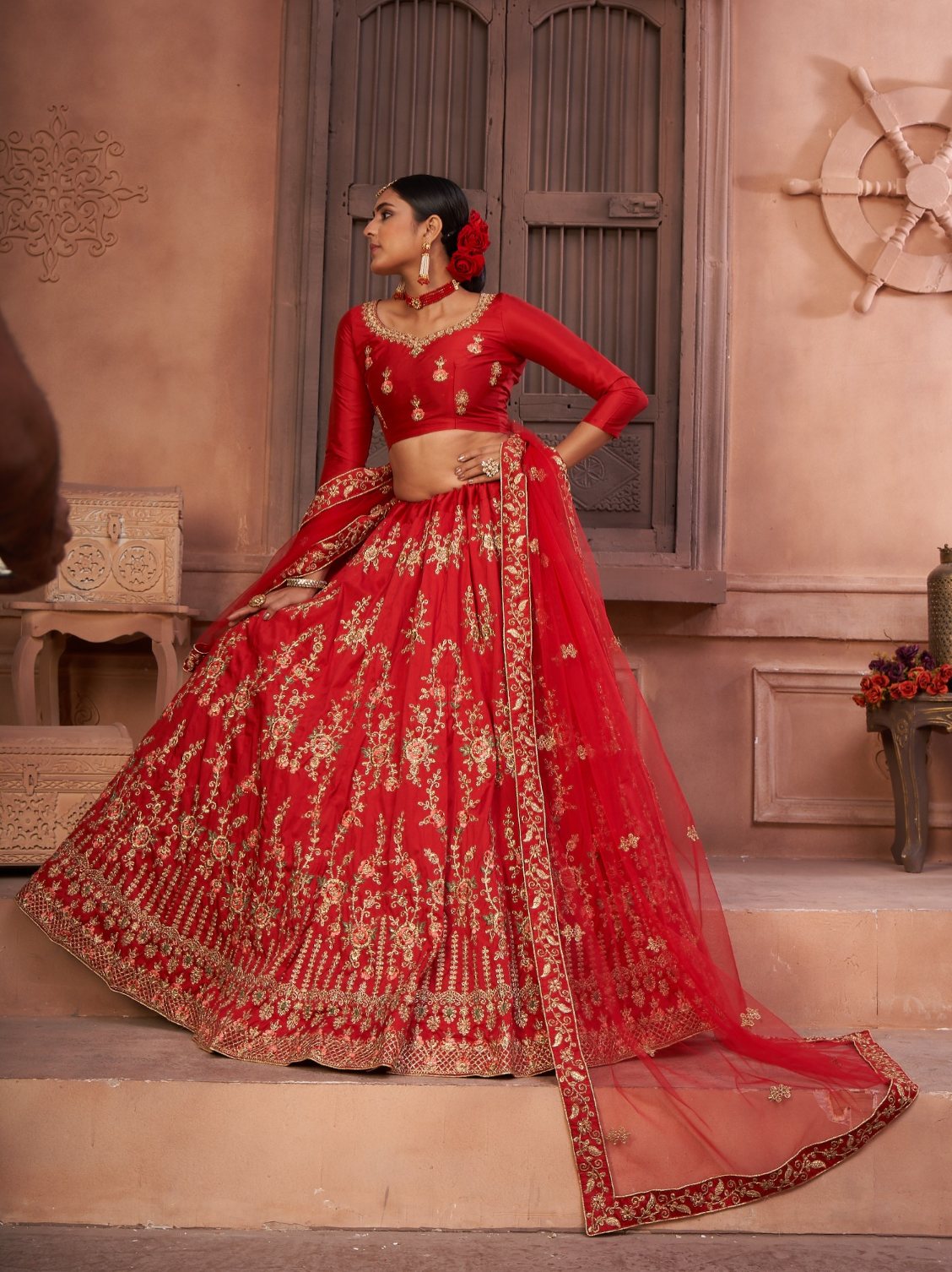 Jyoti Fashion Women's Red Taffeta Silk Thread Embroidered Designer Lehenga Choli Set | Swadesiicart