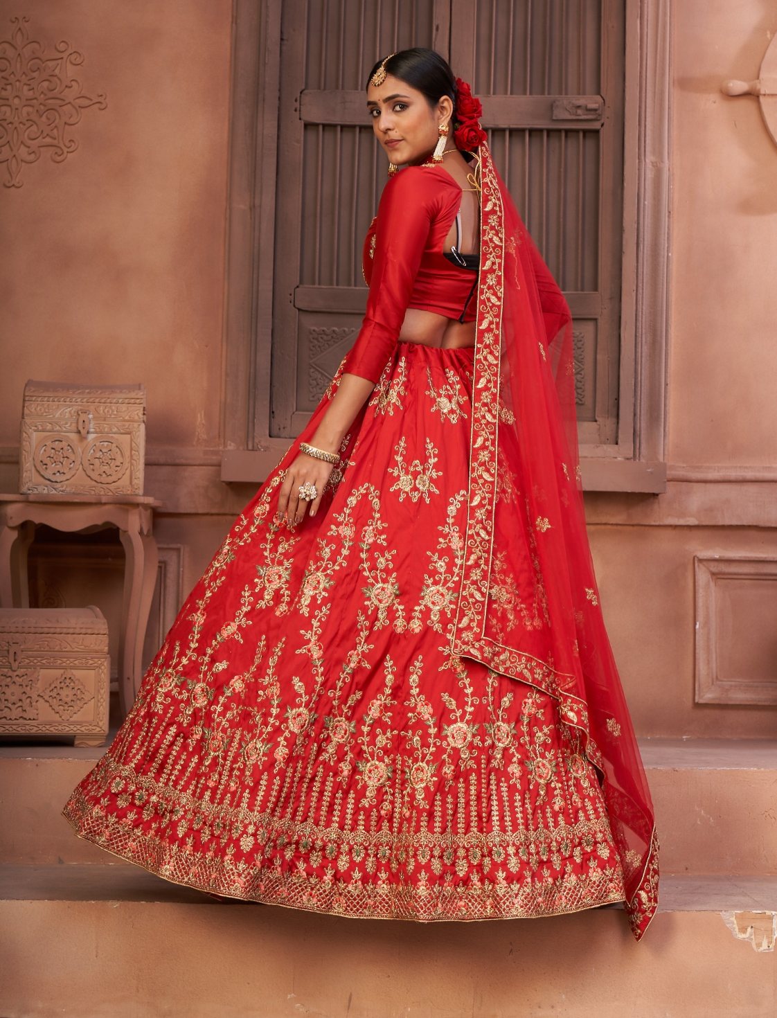Jyoti Fashion Women's Red Taffeta Silk Thread Embroidered Designer Lehenga Choli Set | Swadesiicart
