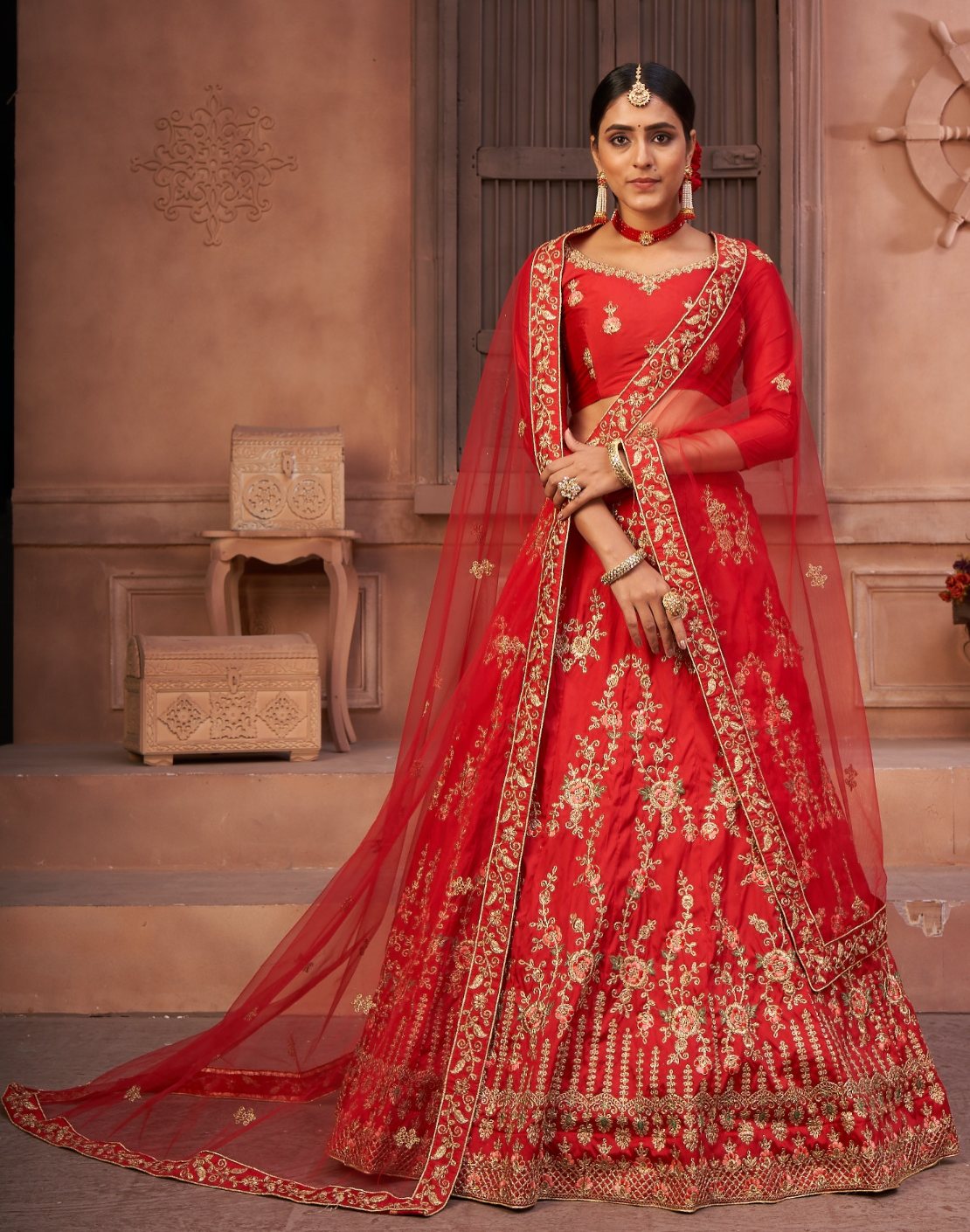 Jyoti Fashion Women's Red Taffeta Silk Thread Embroidered Designer Lehenga Choli Set | Swadesiicart
